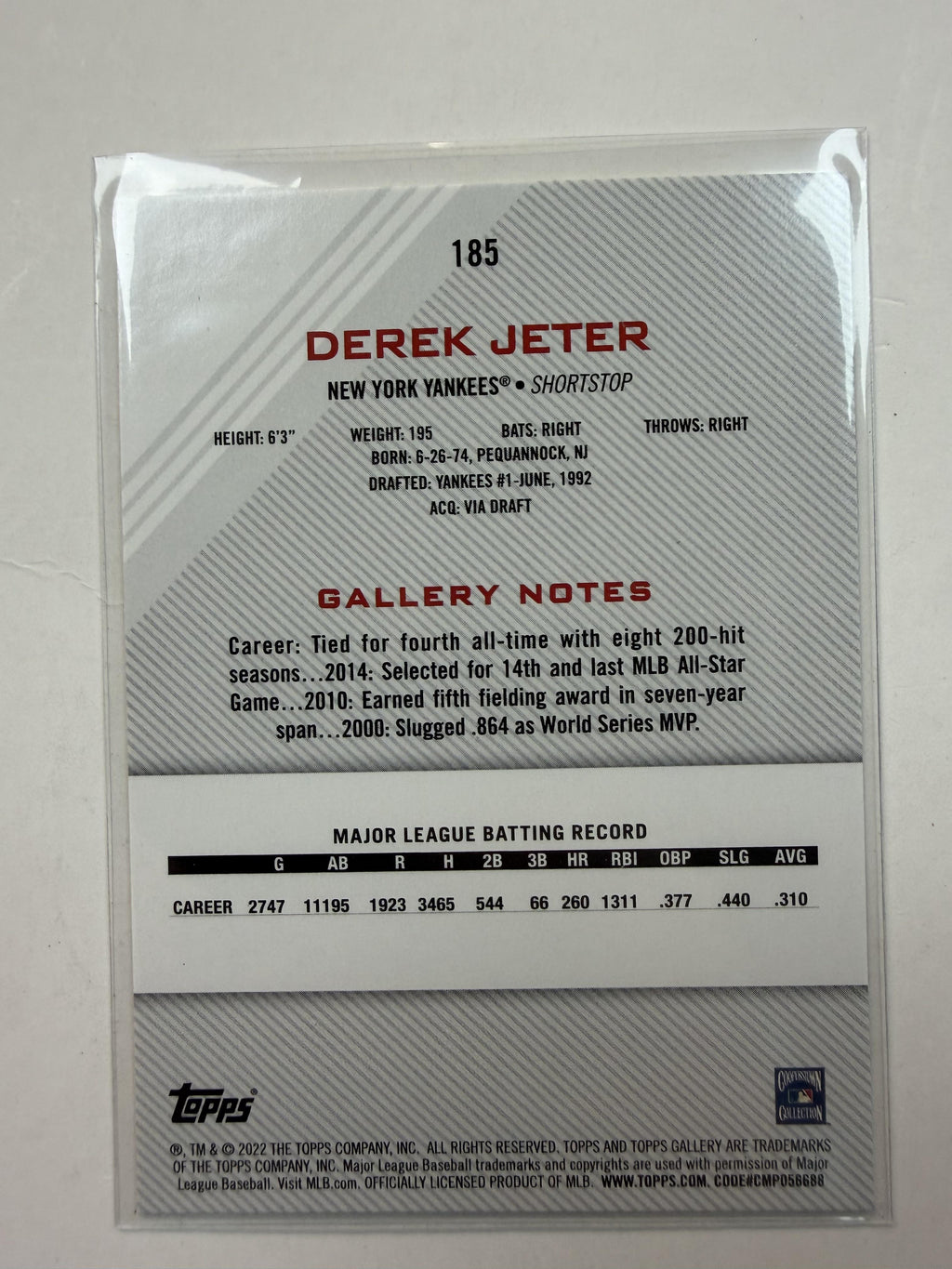 2022 Topps Gallery #185 Derek Jeter New York Yankees