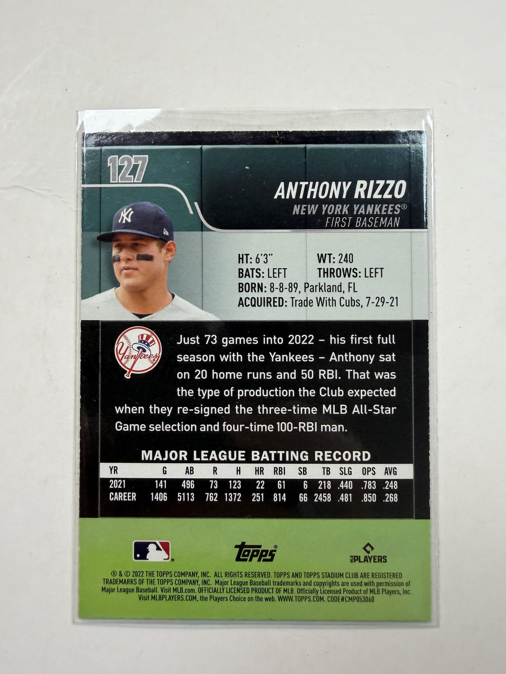 2022 Stadium Club #127 Anthony Rizzo New York Yankees