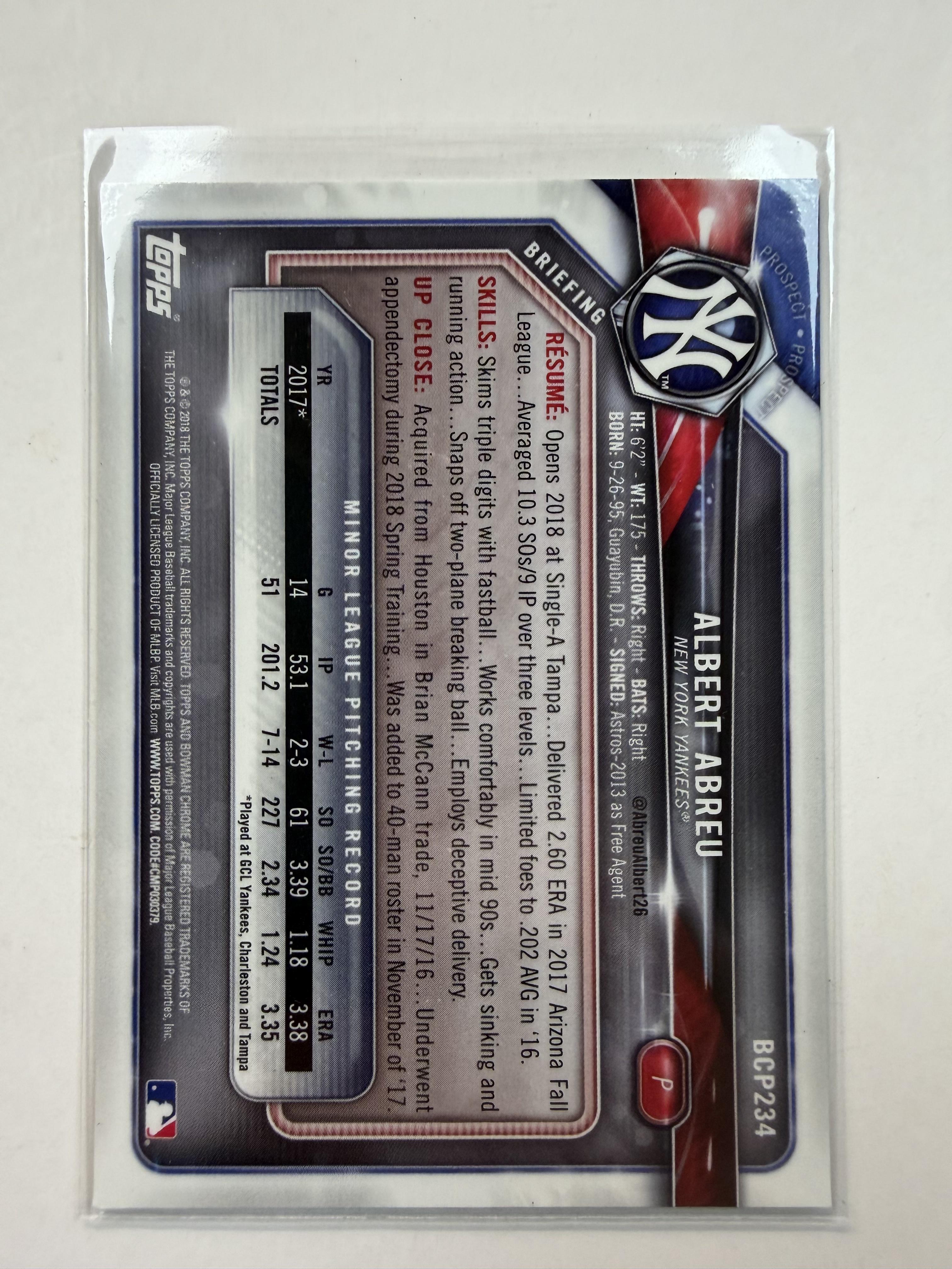 2018 Bowman Chrome #BCP234 Albert Abreu Prospects New York Yankees