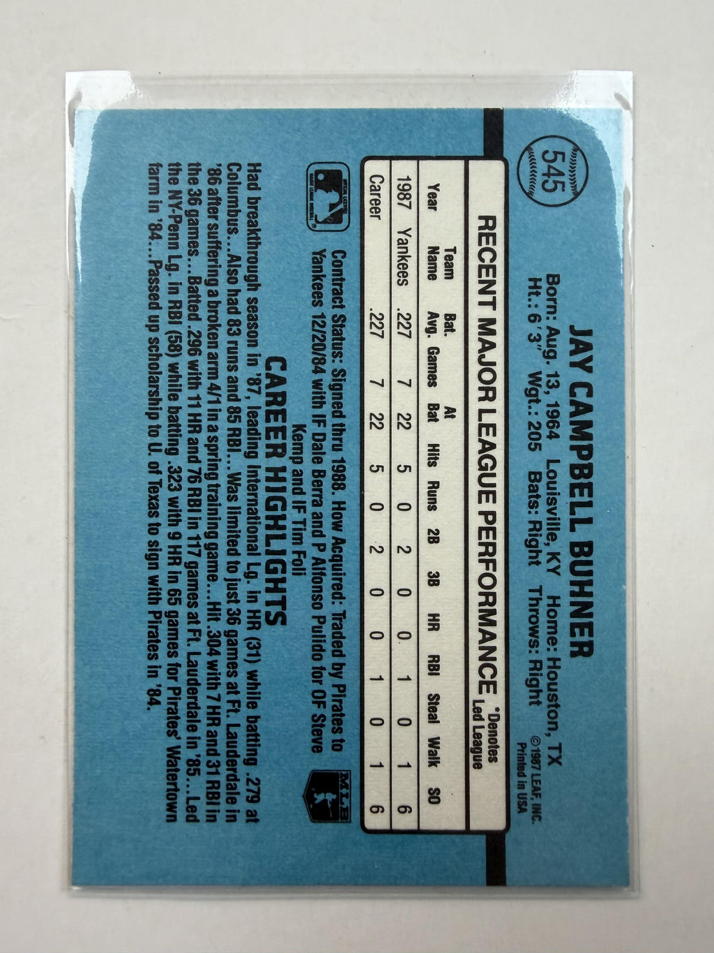 1988 Donruss 545 Jay Buhner Rookie Card New York Yankees - Polish Kings Auto Detail & Customs