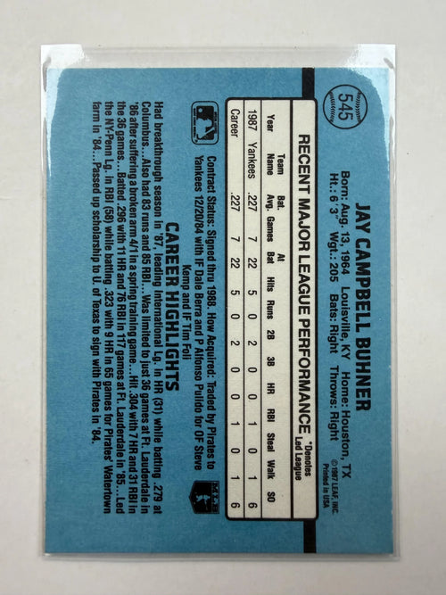 Back of Card 1988 Donruss 545 Jay Buhner Rookie Card New York Yankees - Polish Kings Auto Detail & Customs