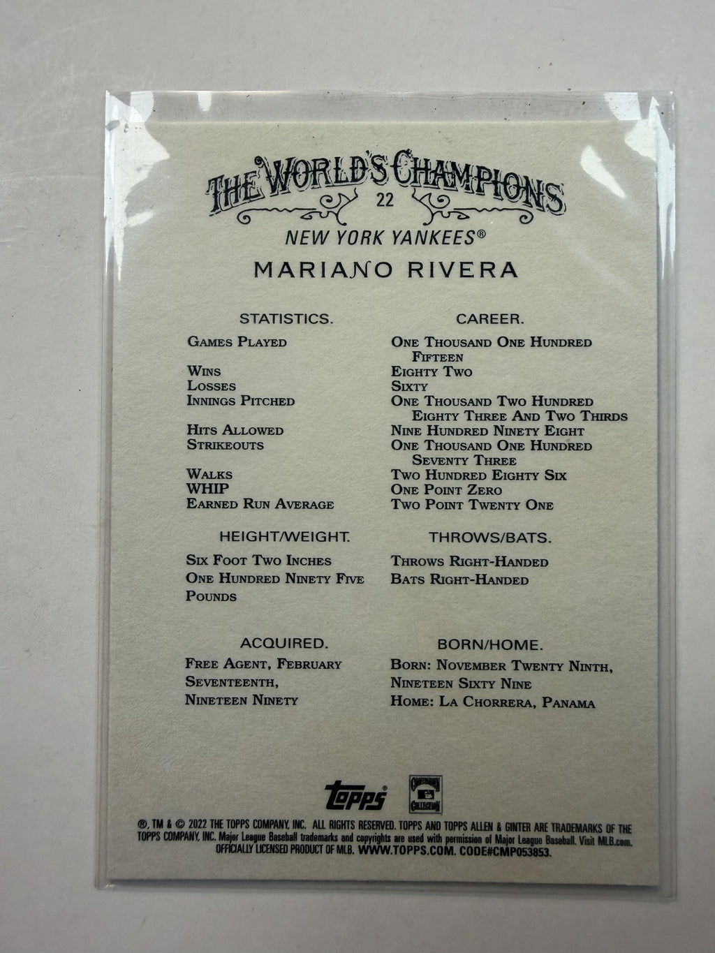 2022 Topps Allen & Ginter 22 Mariano Rivera New York Yankees - Polish Kings Auto Detail & Customs