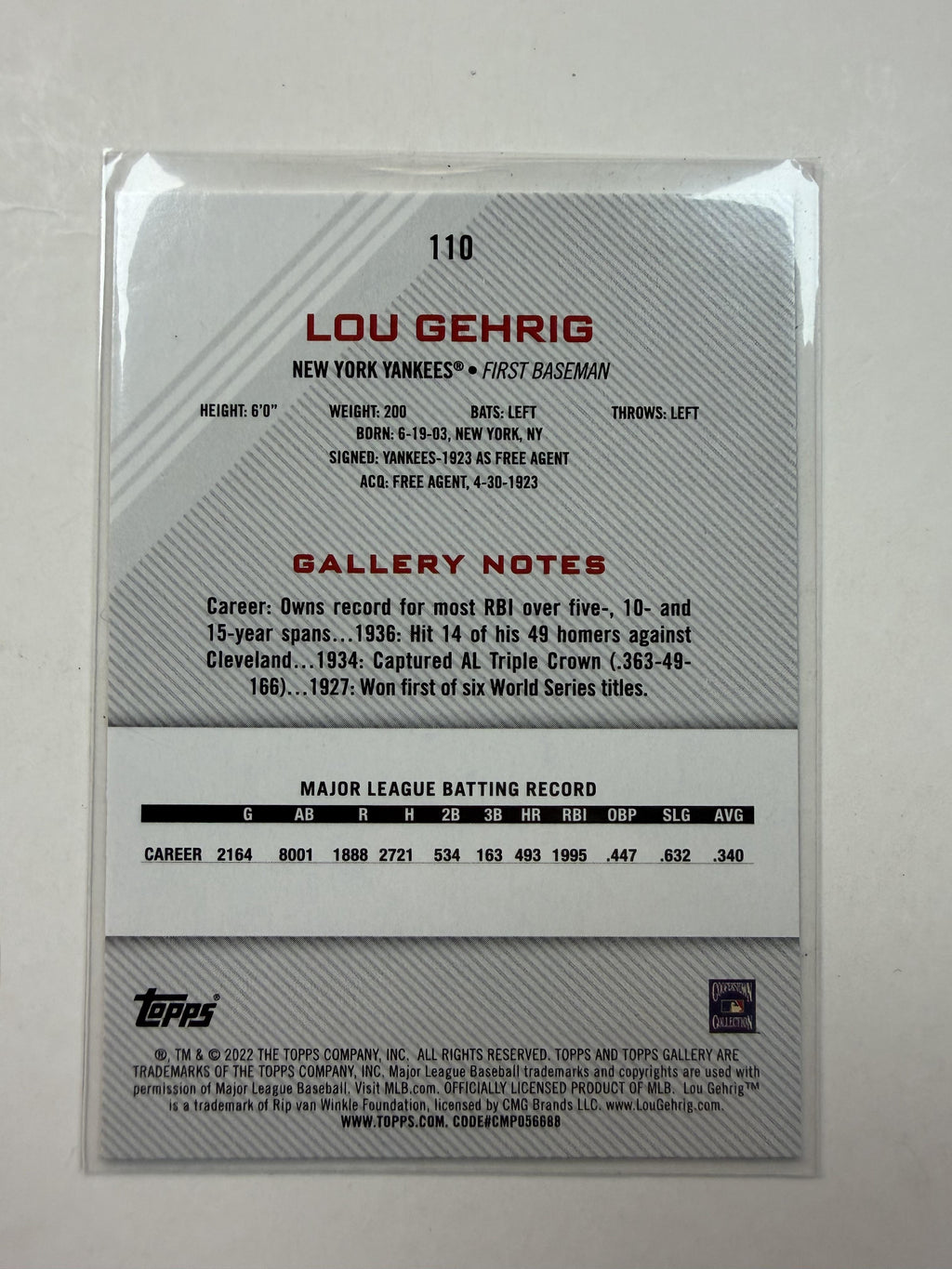 2022 Topps Gallery #110 Lou Gehrig New York Yankees