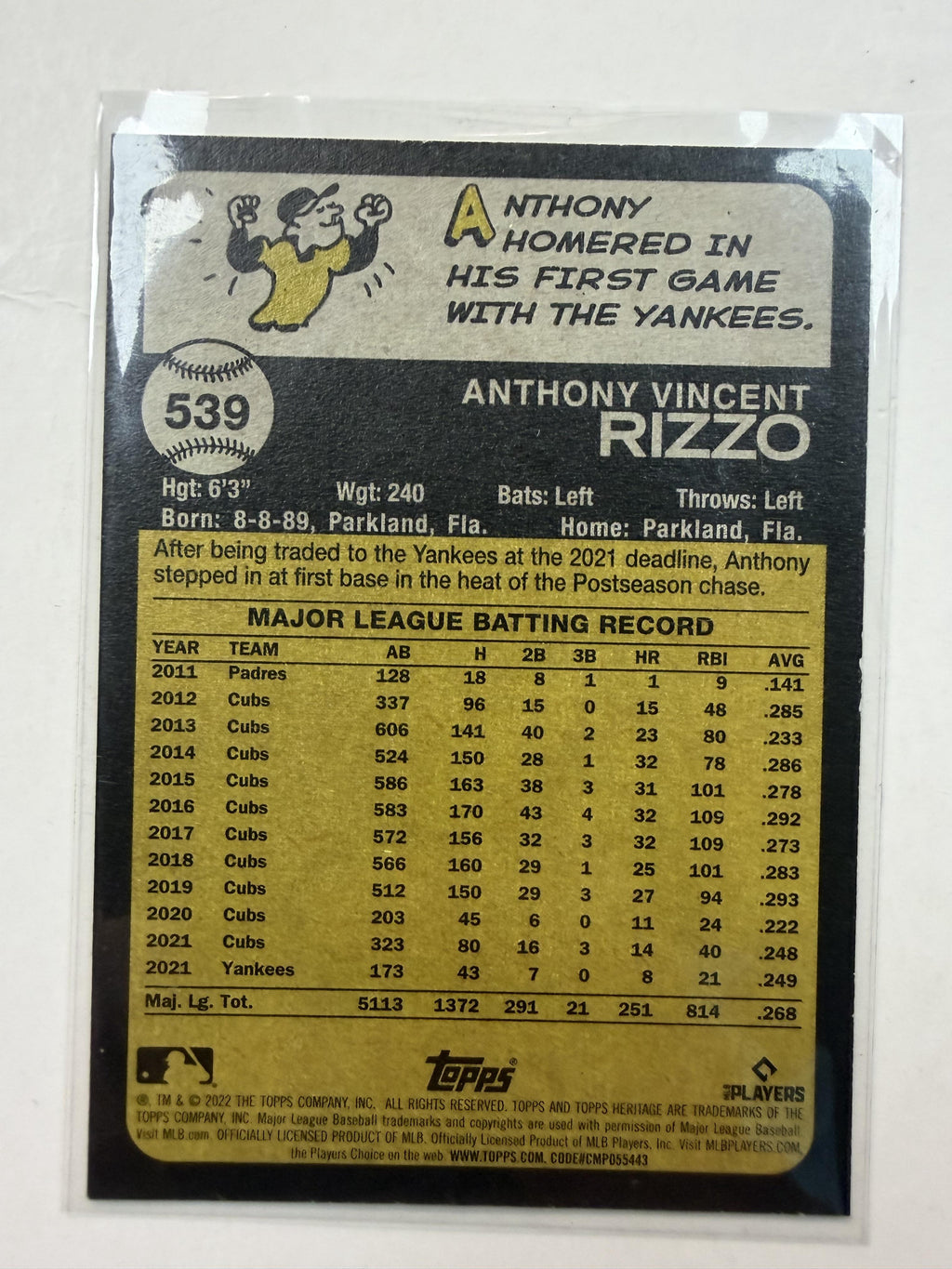 2022 Topps Heritage #539 Anthony Rizzo