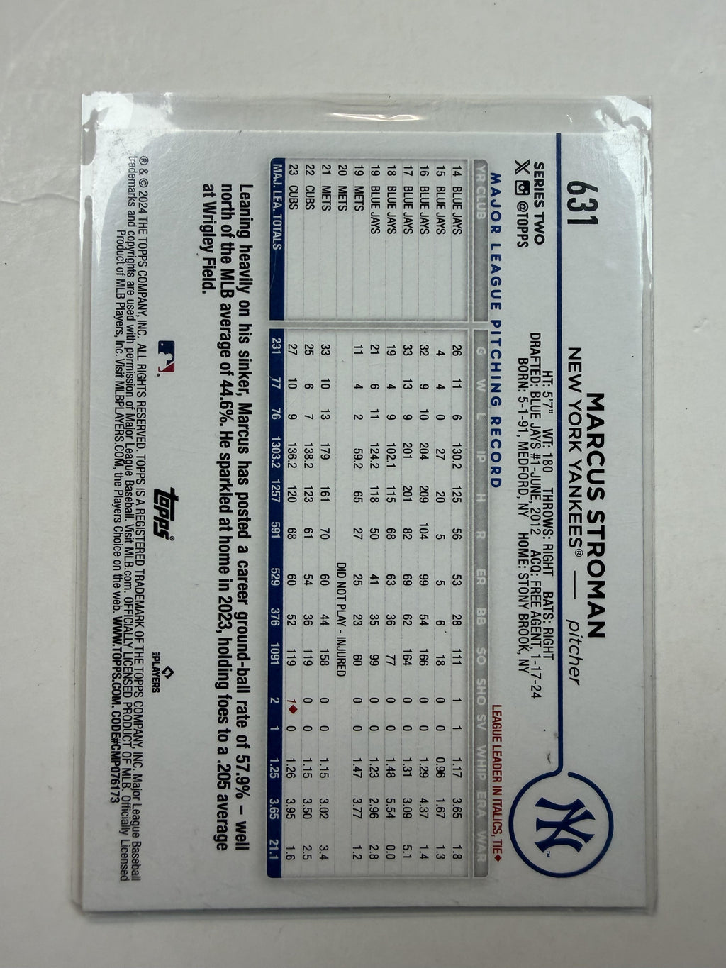 2024 Topps #631 Marcus Stroman New York Yankees