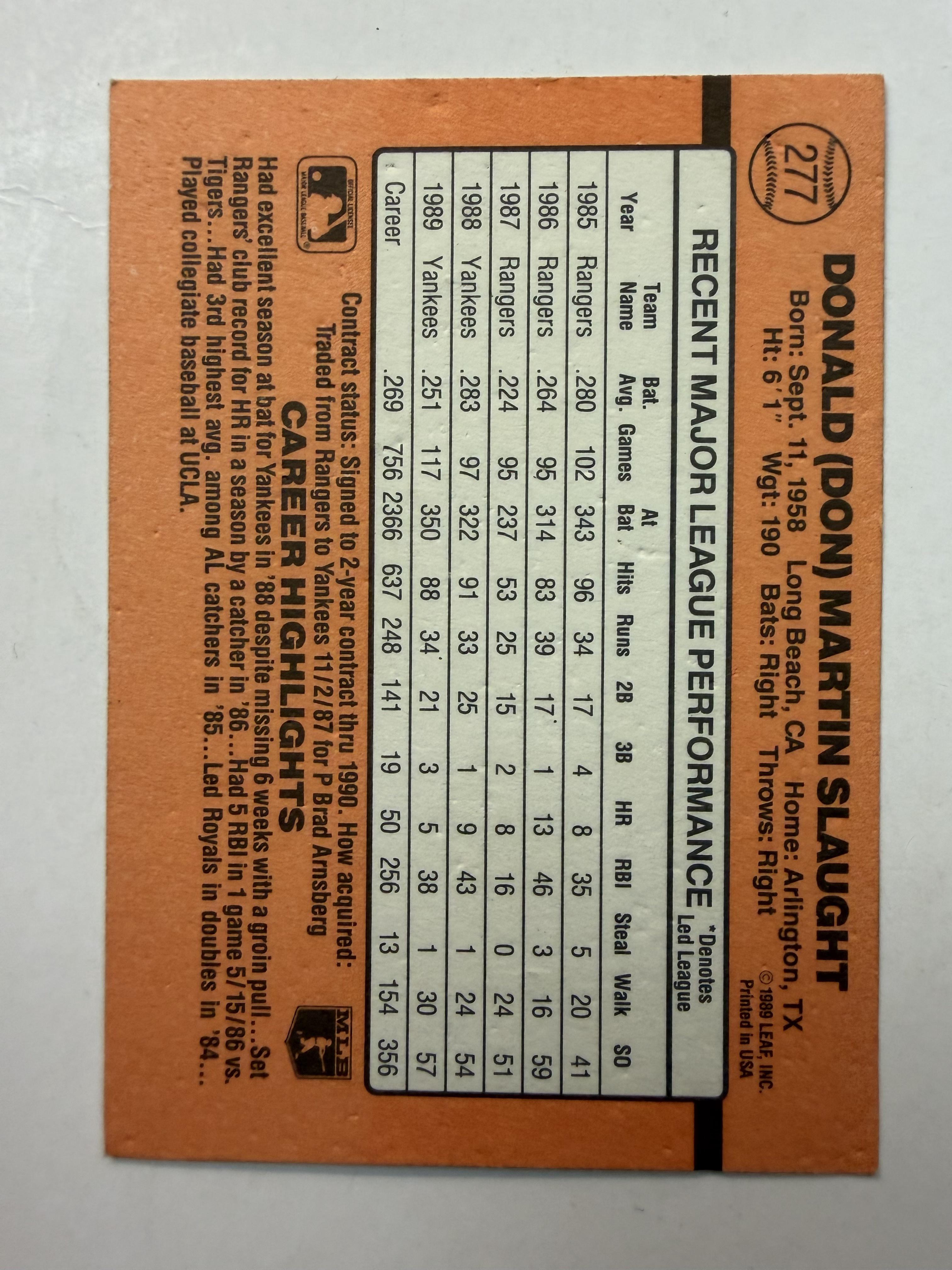 1990 Donruss #277 Don Slaught New York Yankees