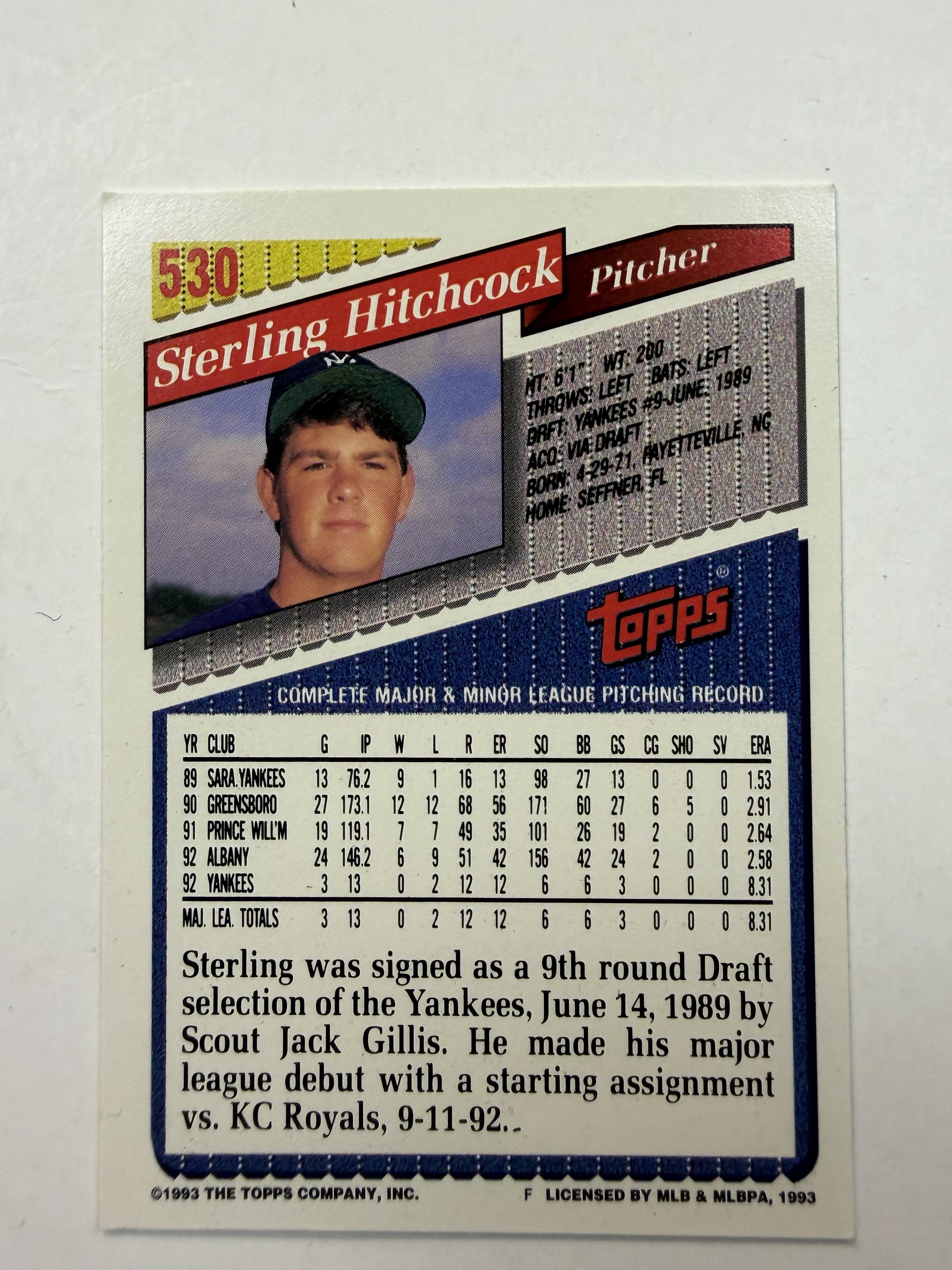 1993 Topps #530 Sterling Hitchcock  Rookie Card New York Yankees