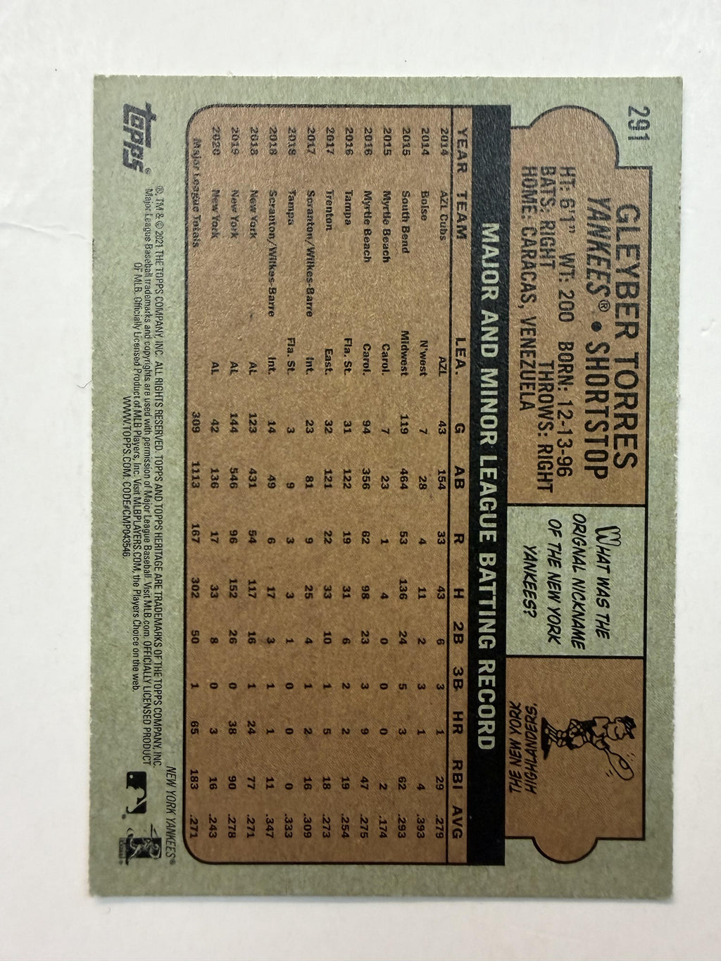 2021 Topps Heritage #291 Gleyber Torres New York Yankees
