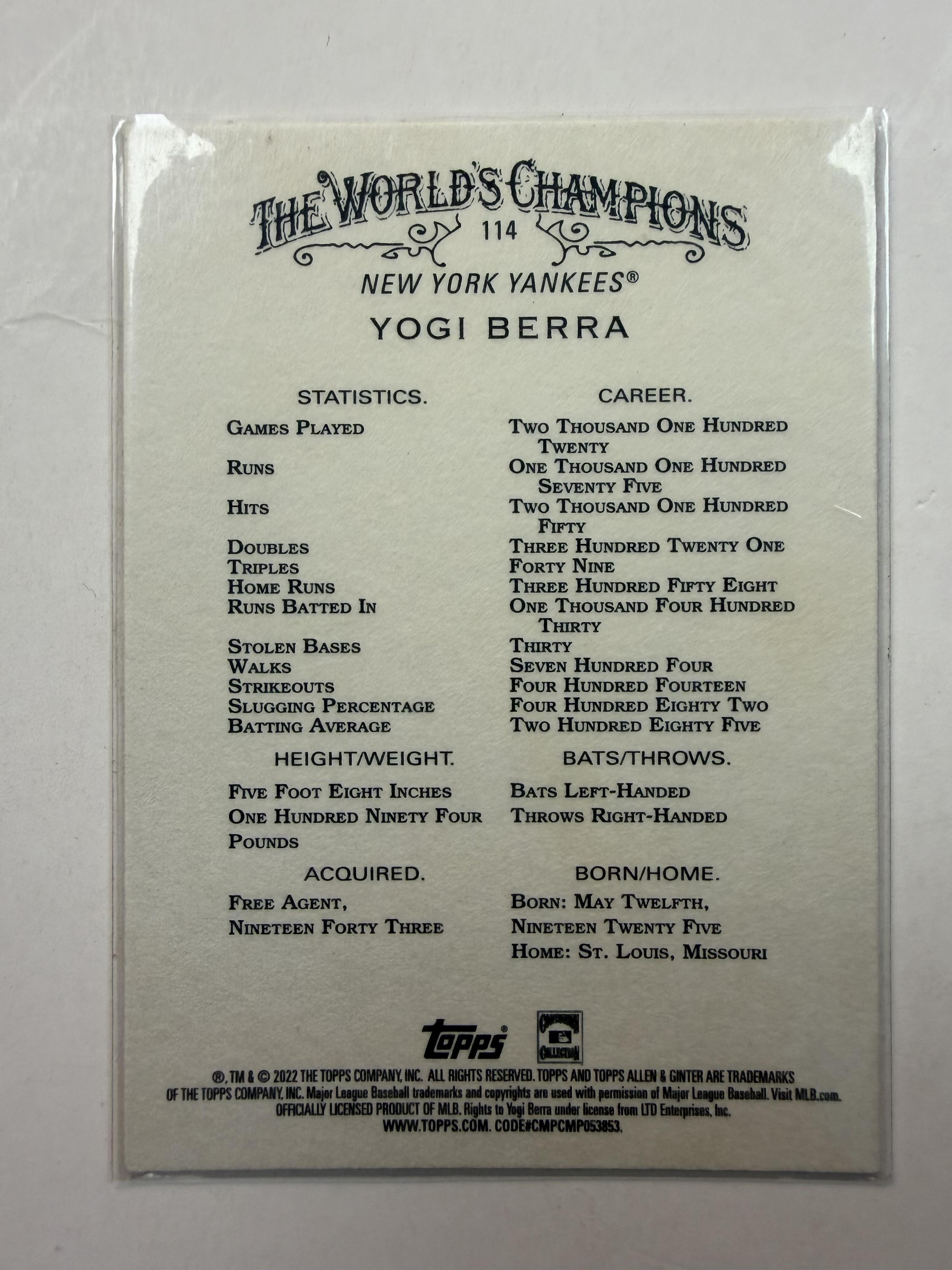2022 Topps Allen & Ginter #114 Yogi Berra New York Yankees