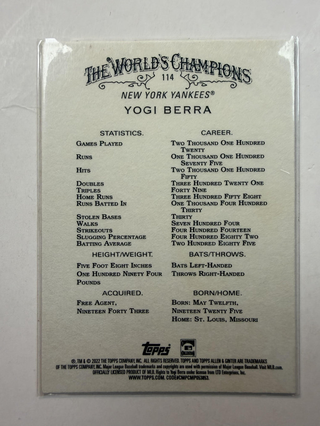 2022 Topps Allen & Ginter #114 Yogi Berra New York Yankees