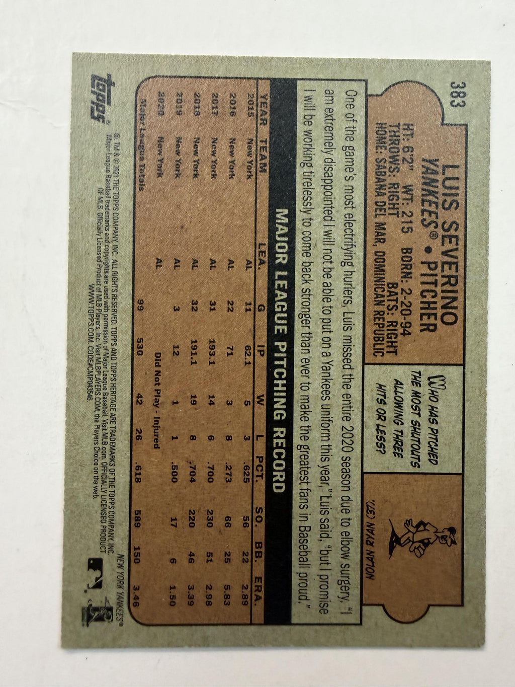 2021 Topps Heritage #383 Luis Severino New York Yankees