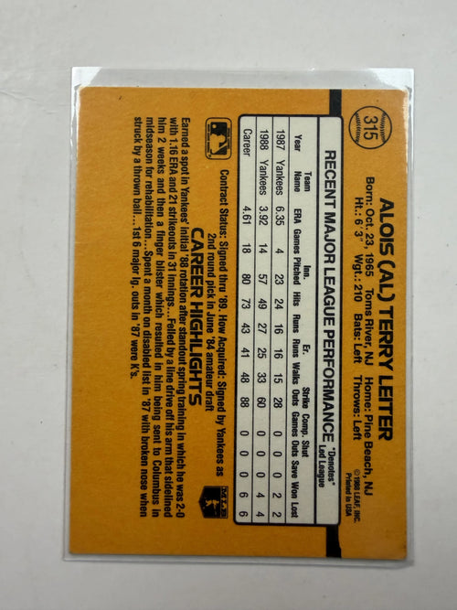 Back Side of Card 1989 Donruss #315 Al Leiter New York Yankees Rookie Card - Polish Kings Auto Detail & Customs