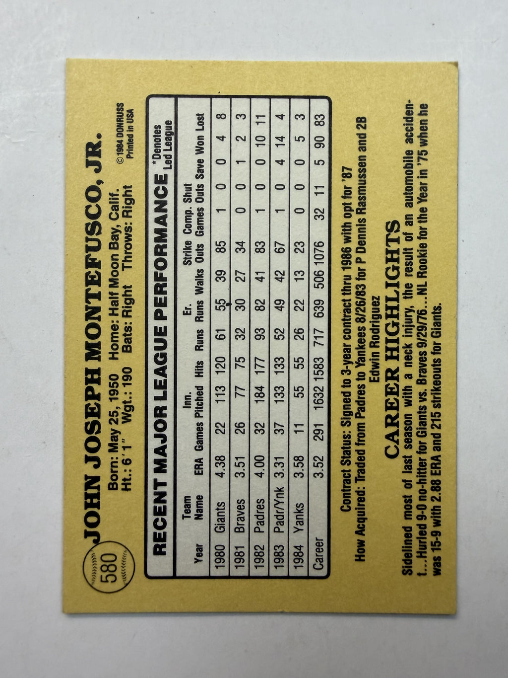 1985 Donruss #580 John Montefusco New York Yankees