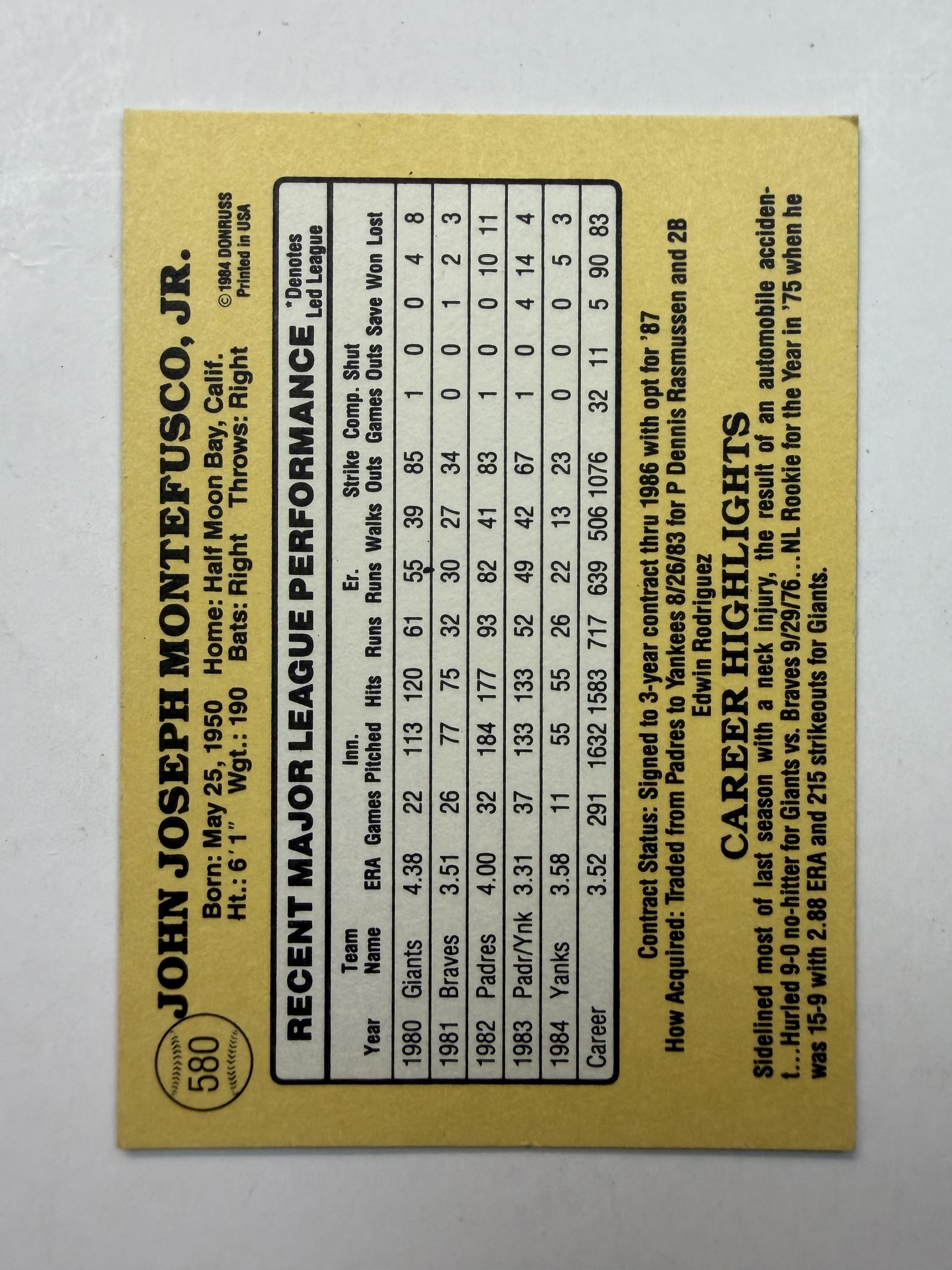 1985 Donruss #580 John Montefusco New York Yankees