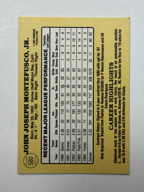 Back of Card1985 Donruss #580 John Montefusco New York Yankees - Polish Kings Auto Detail & Customs