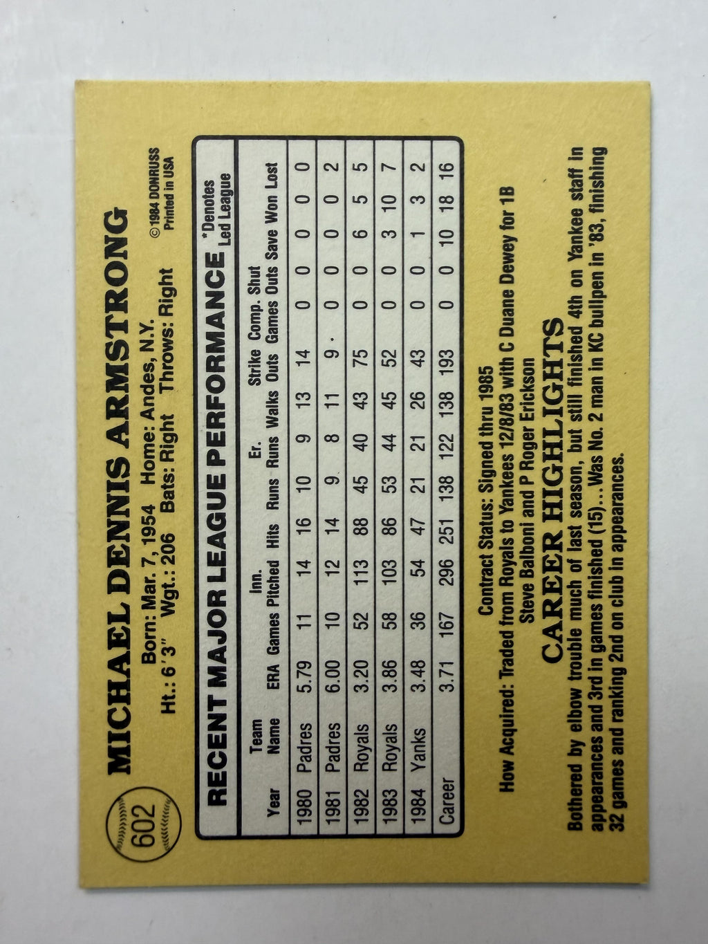 1985 Donruss #602 Mike Armstrong New York Yankees