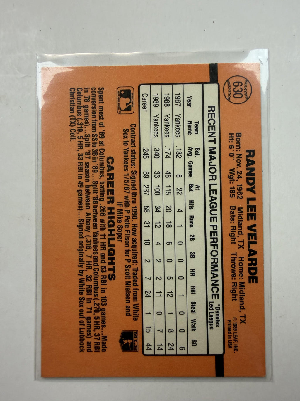 1990 Donruss #630  Randy Velarde New York Yankees