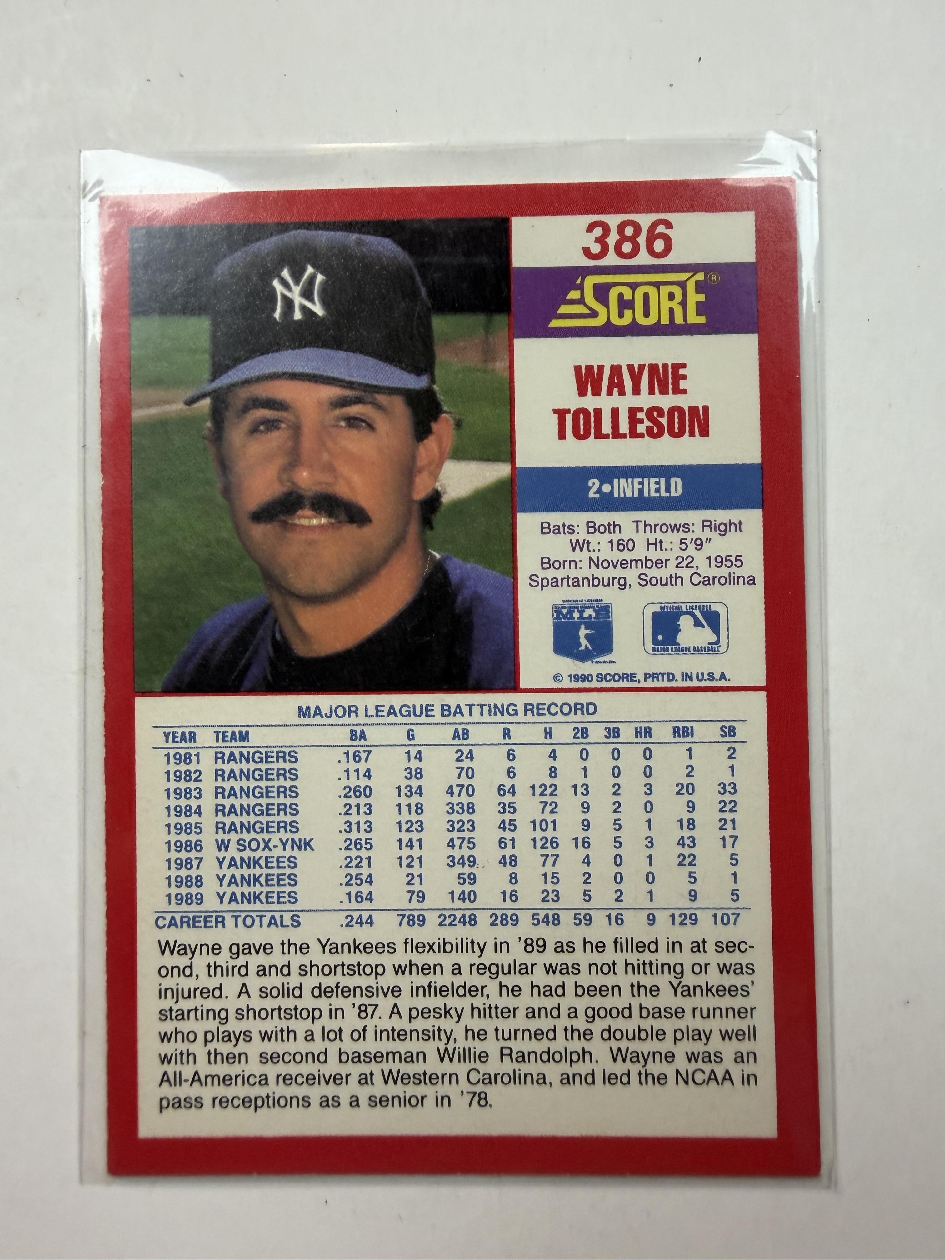 1990 Score #386 Wayne Tolleson New York Yankees