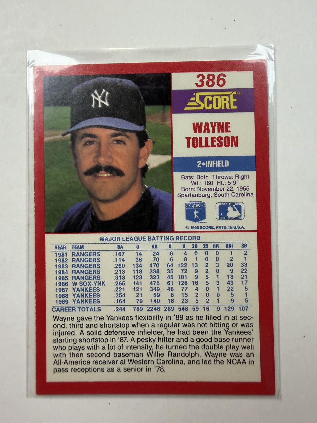 1990 Score #386 Wayne Tolleson New York Yankees