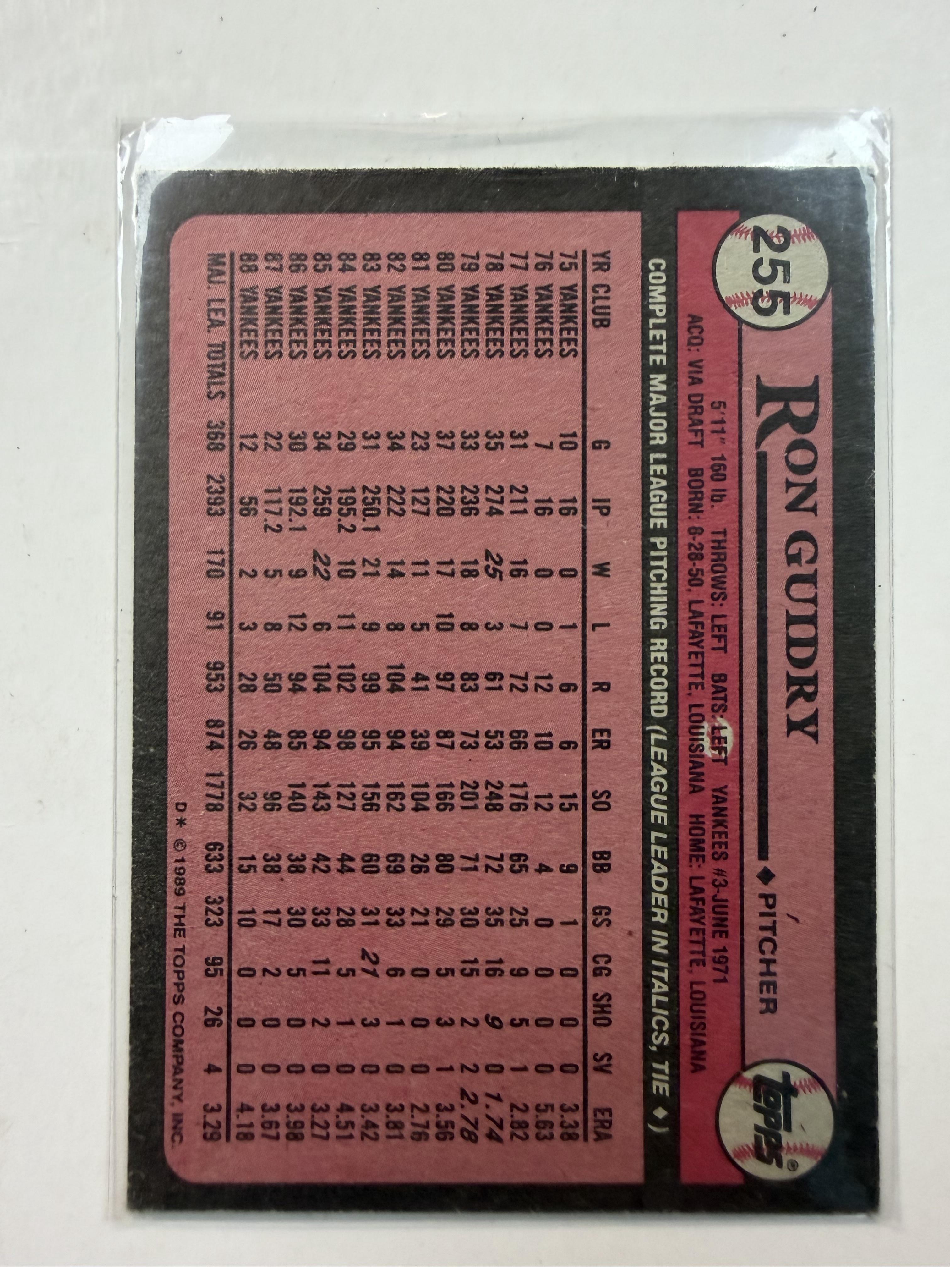 1989 Topps #255 Ron Guidry New York Yankees