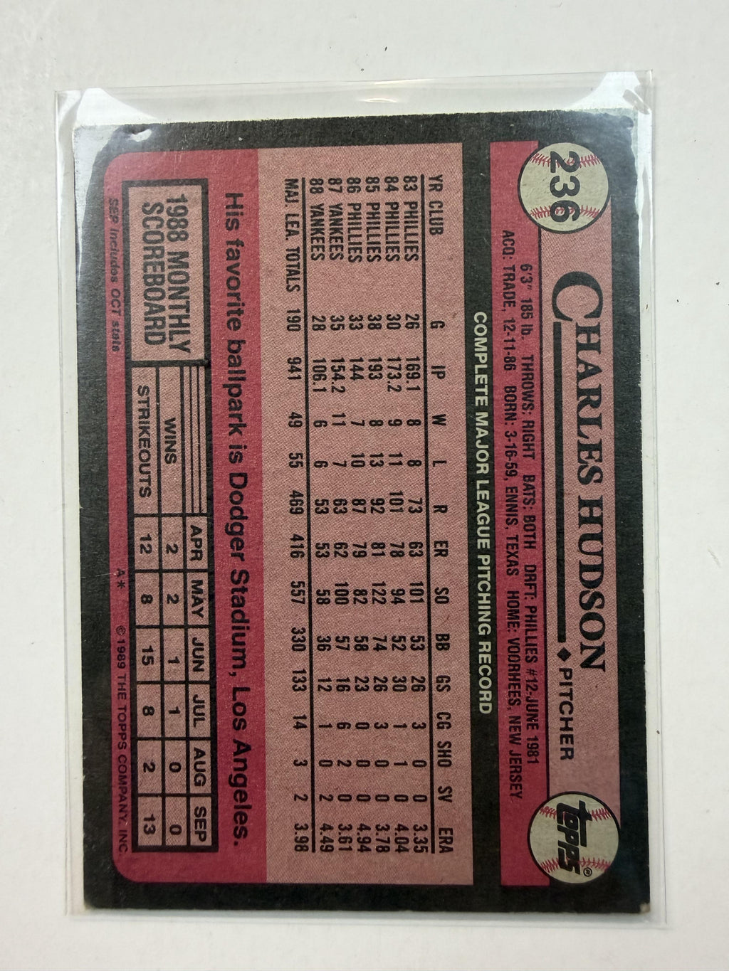 1989 Topps #236 Charles Hudson New York Yankees