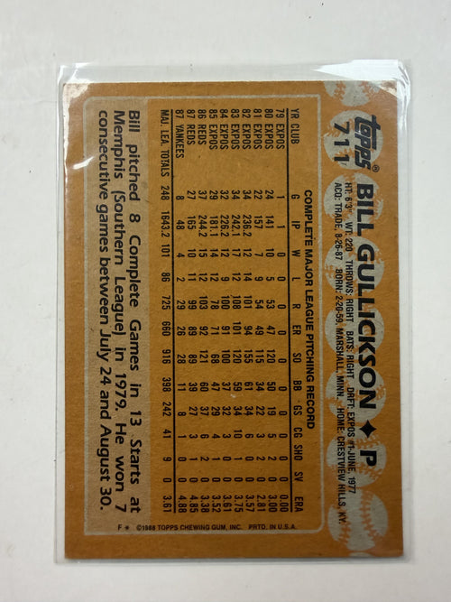 Back of Card1988 Topps #711 Bill Gullickson New York Yankees - Polish Kings Auto Detail & Customs