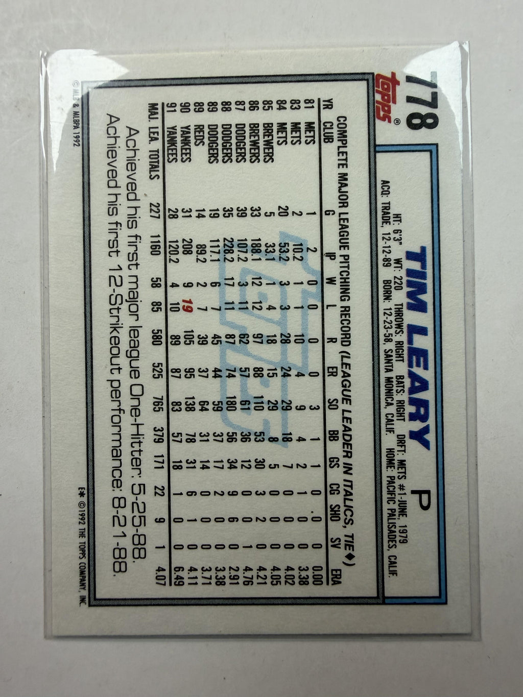1992 Topps Micro #778 Tim Leary New York Yankees