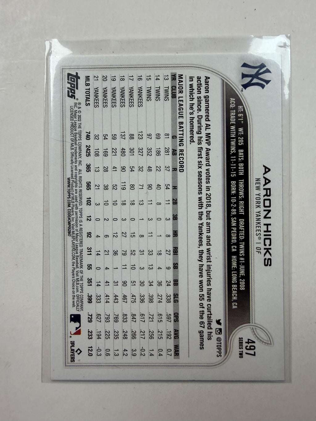 2022 Topps #497 Aaron Hicks New York Yankees