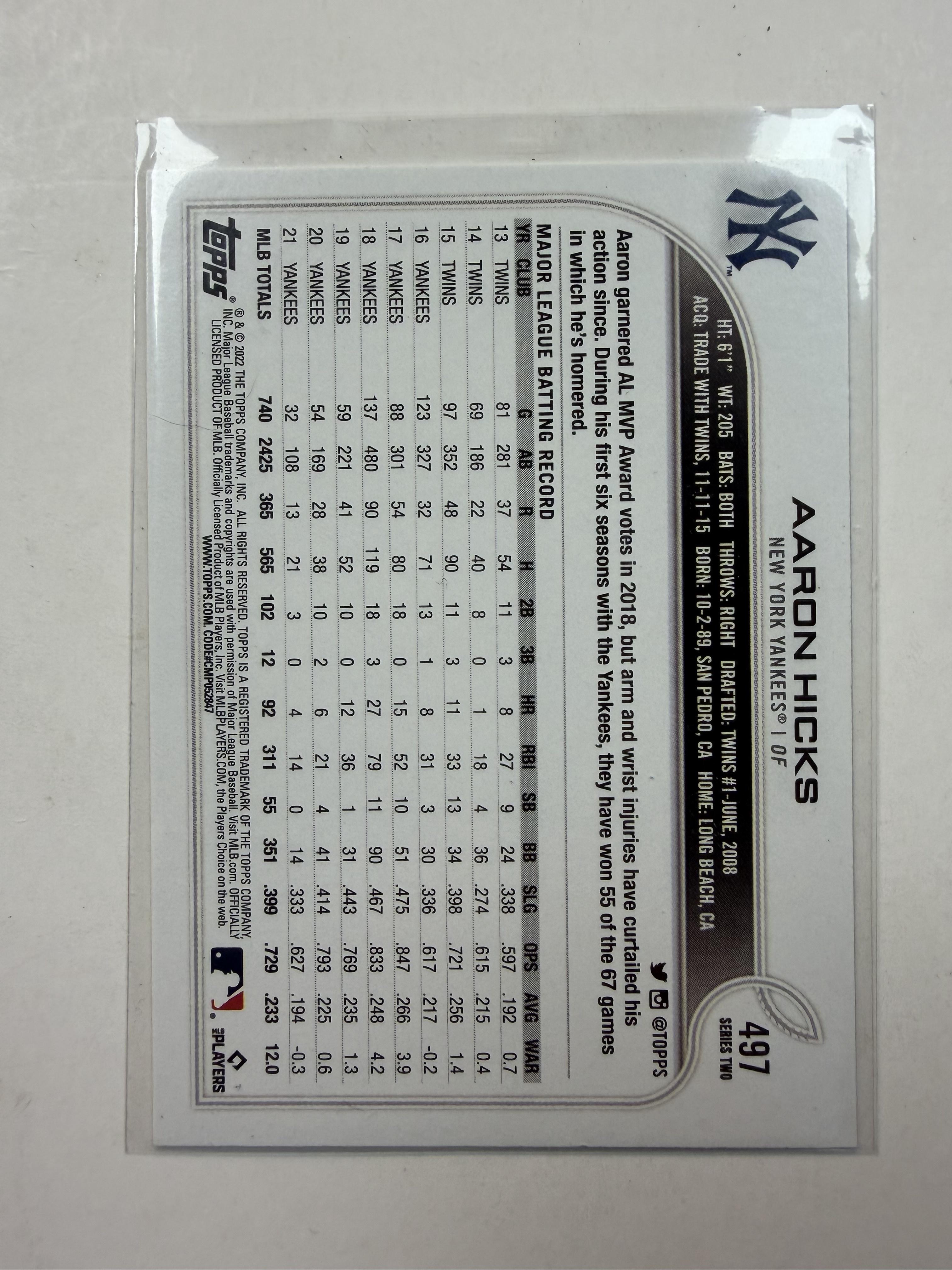 2022 Topps #497 Aaron Hicks New York Yankees