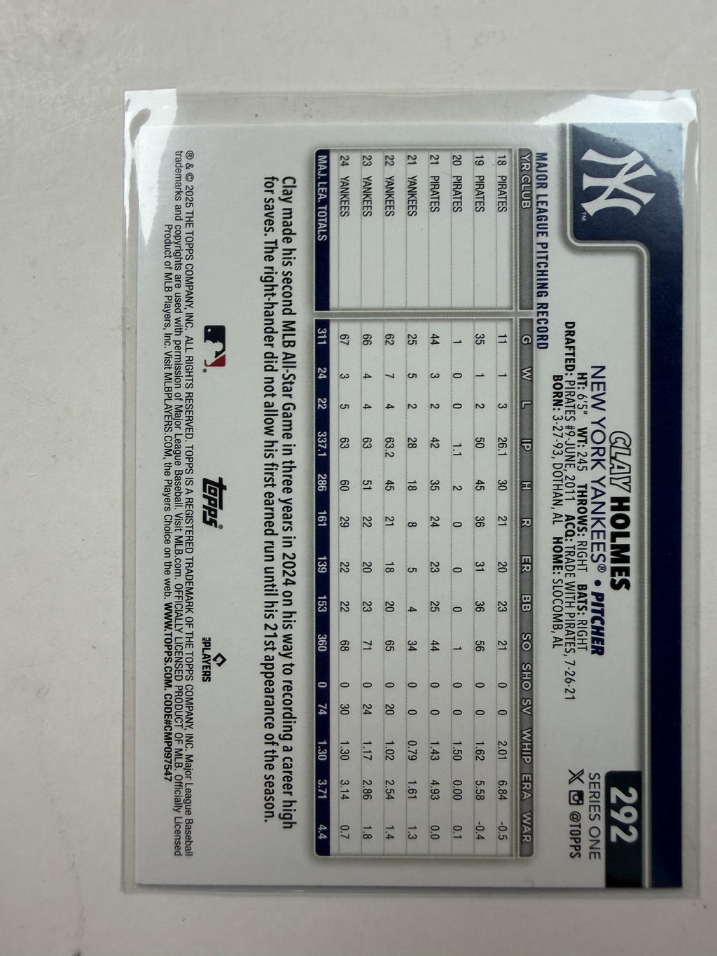 2025 Topps Series One  #292 Clay Holmes New York Yankees