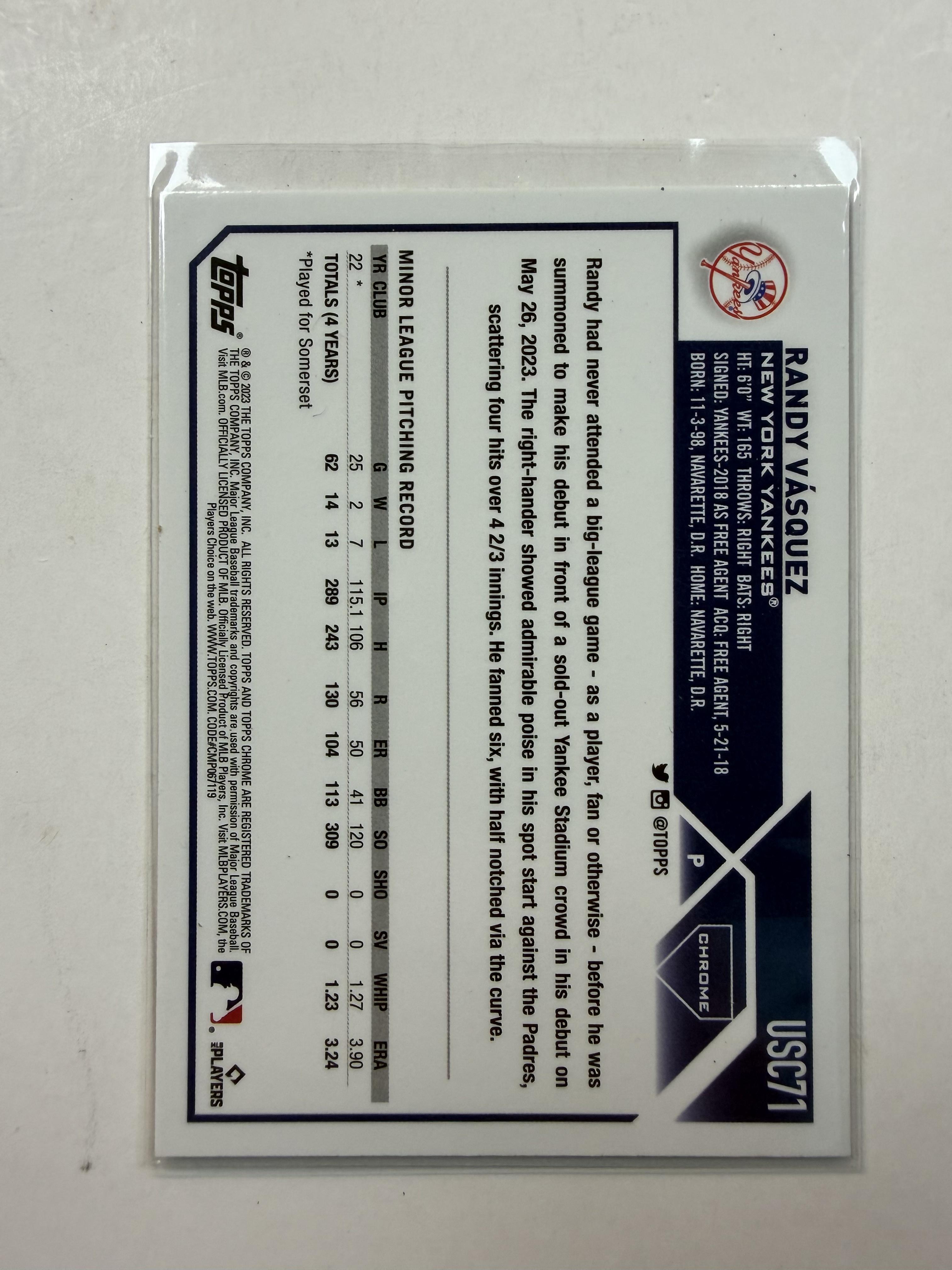 2023 Topps Chrome Update #USC71 Randy Vasquez Rookie Card New York Yankees