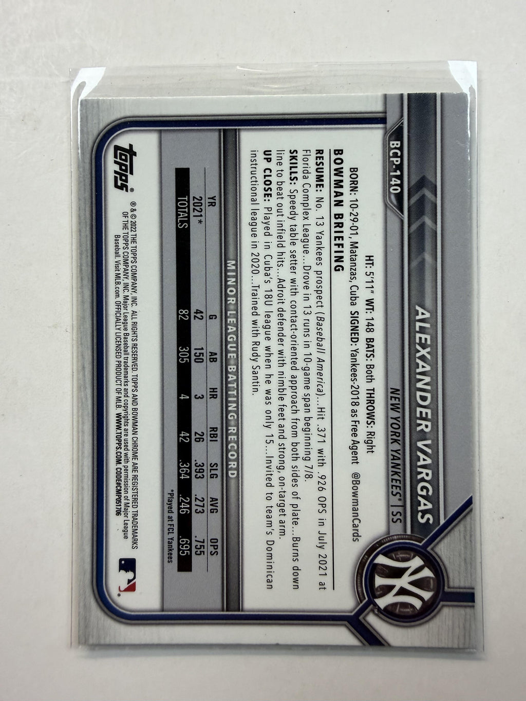 2022 Bowman #BCP-140 Alexander Vargas Chrome Prospects New York Yankees