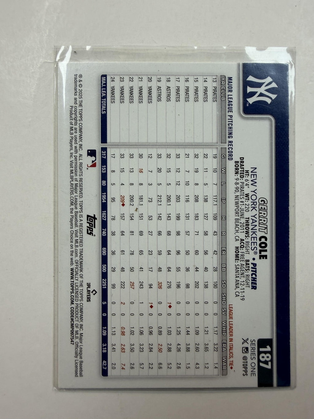 2025 Topps #187 Gerrit Cole New York Yankees