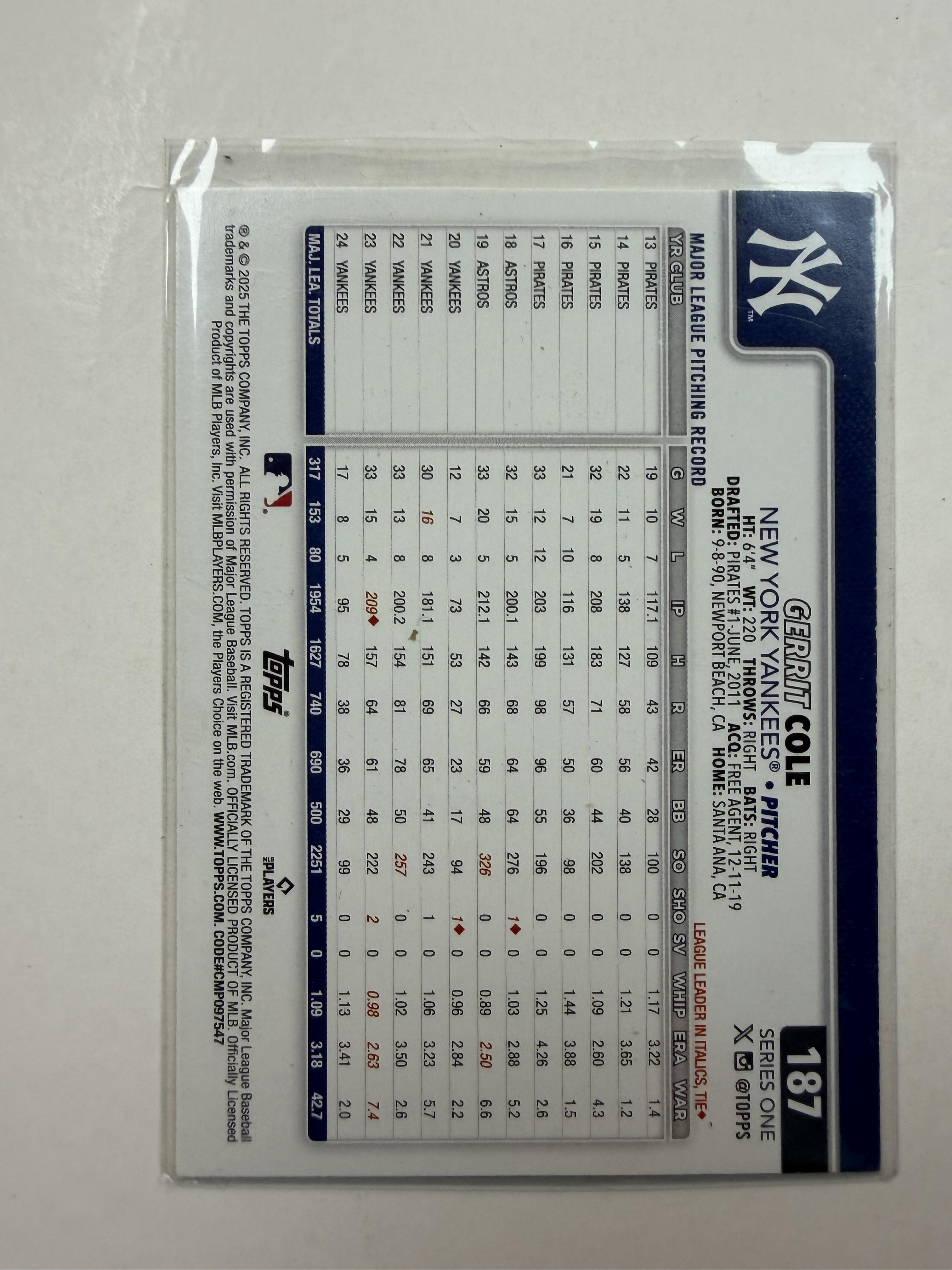 2025 Topps #187 Gerrit Cole New York Yankees