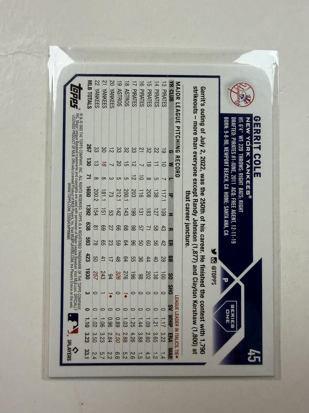 2023 Topps #45 Gerrit Cole New York Yankees