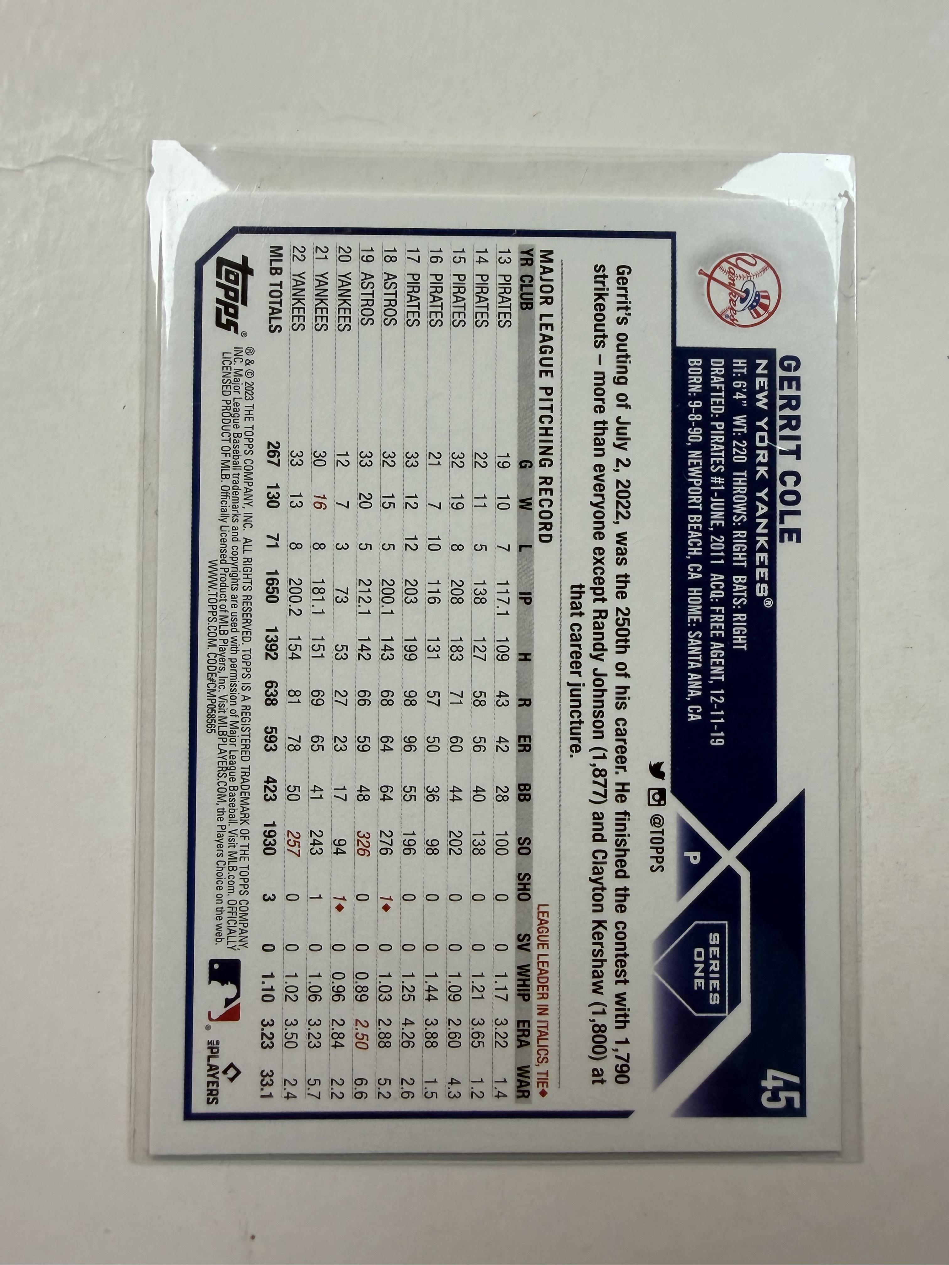2023 Topps #45 Gerrit Cole New York Yankees