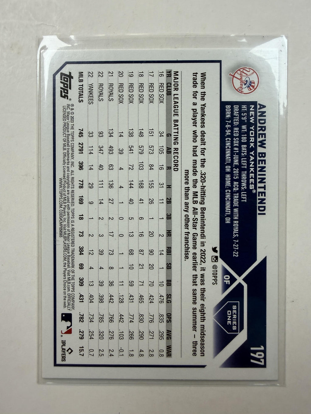 2023 Topps Series One  #197 Andrew Benintendi New York Yankees