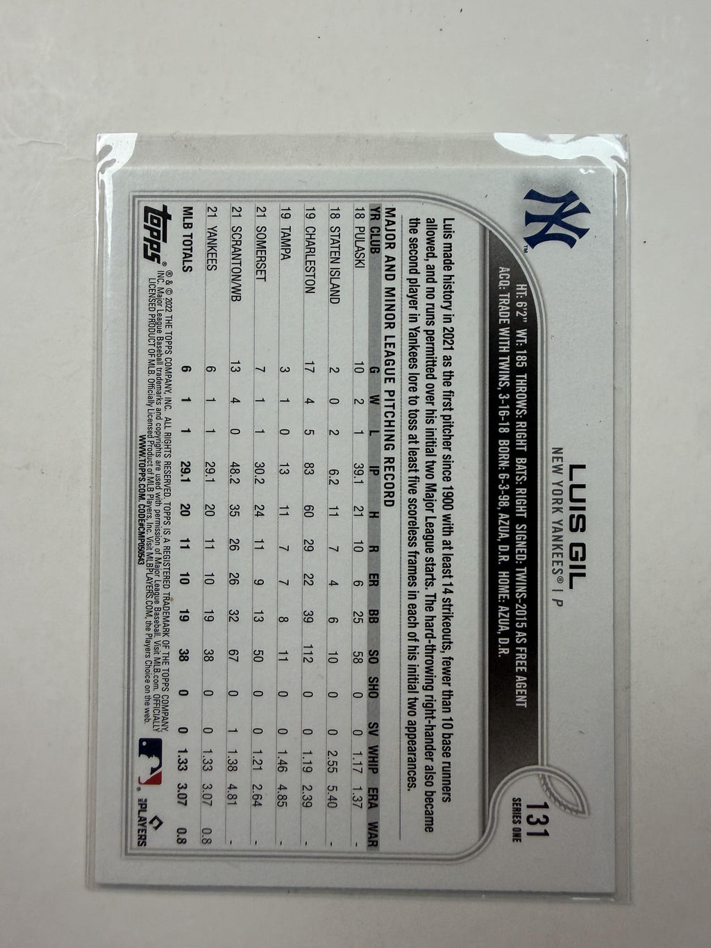 2022 Topps Series One Rookie Card  #131 Luis Gil New York Yankees