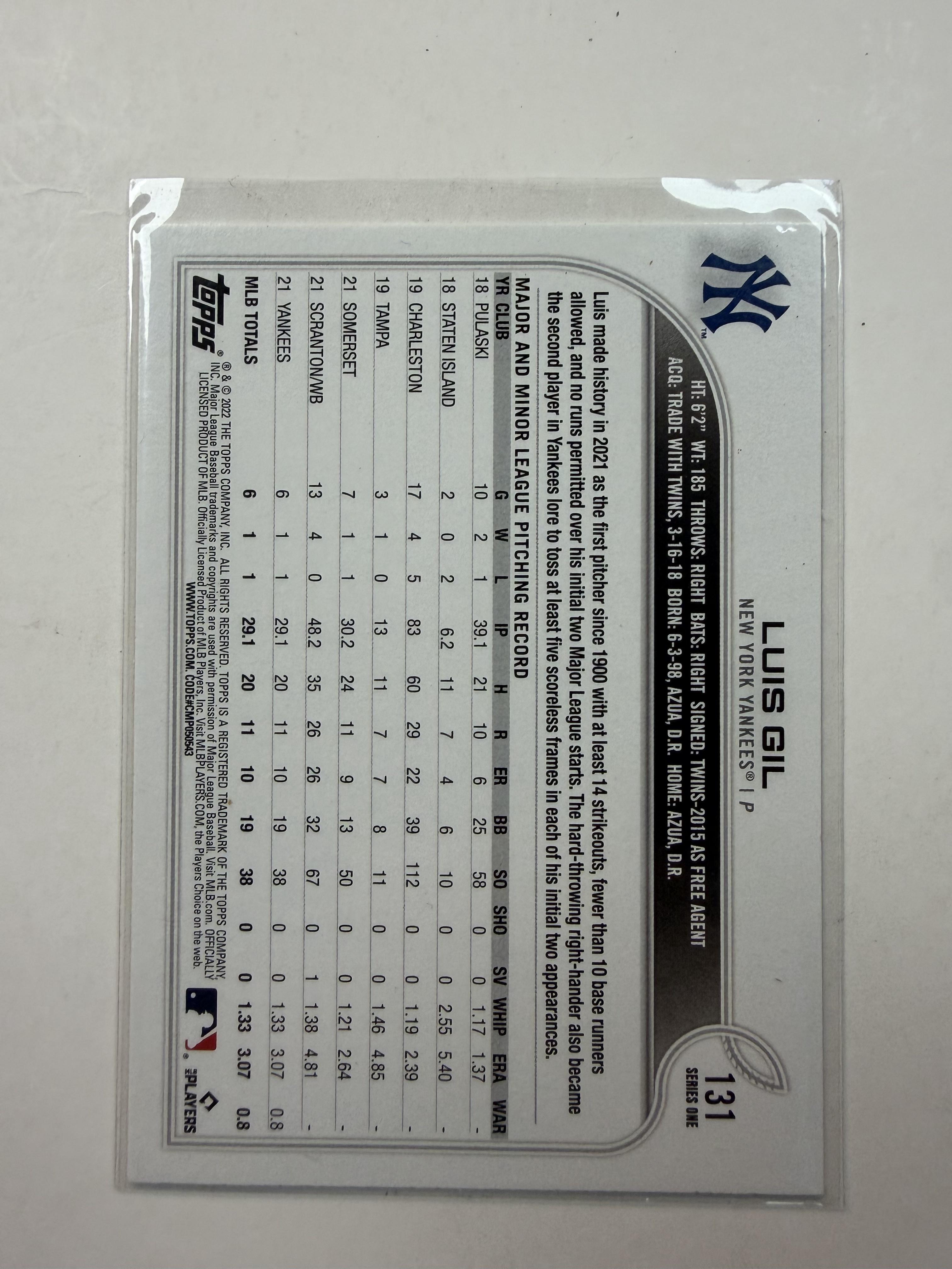 2022 Topps Series One Rookie Card  #131 Luis Gil New York Yankees