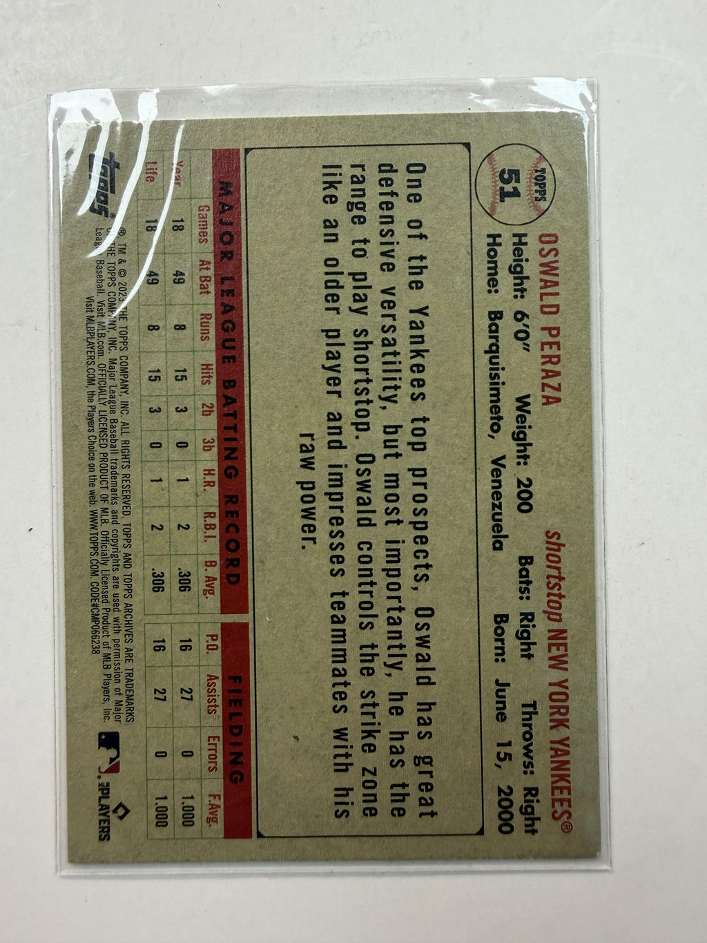 2023 Topps Archives #51 Oswald Peraza Rookie Card New York Yankees