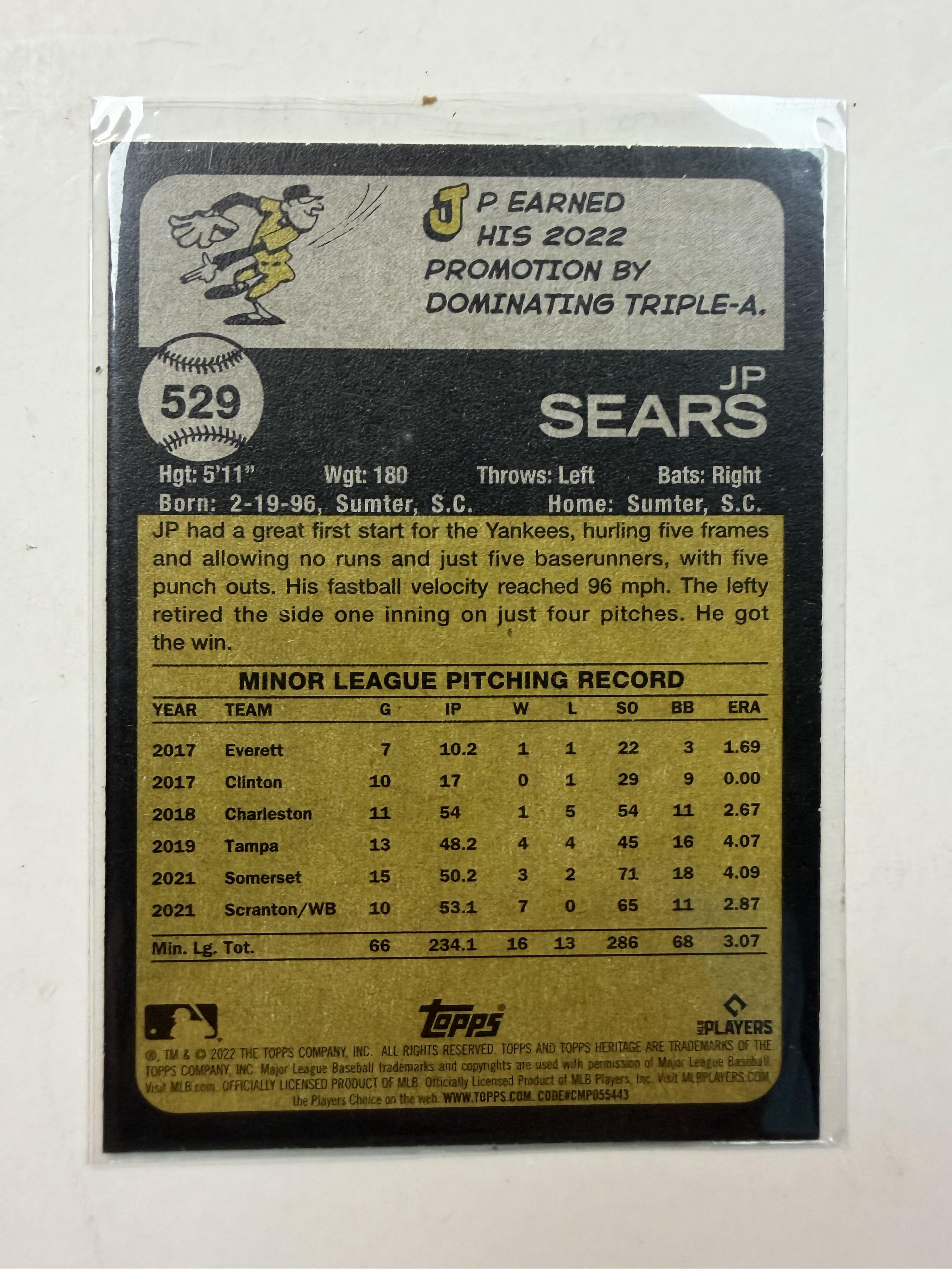 2022 Topps Heritage #529 JP Sears Rookie Card New York Yankees