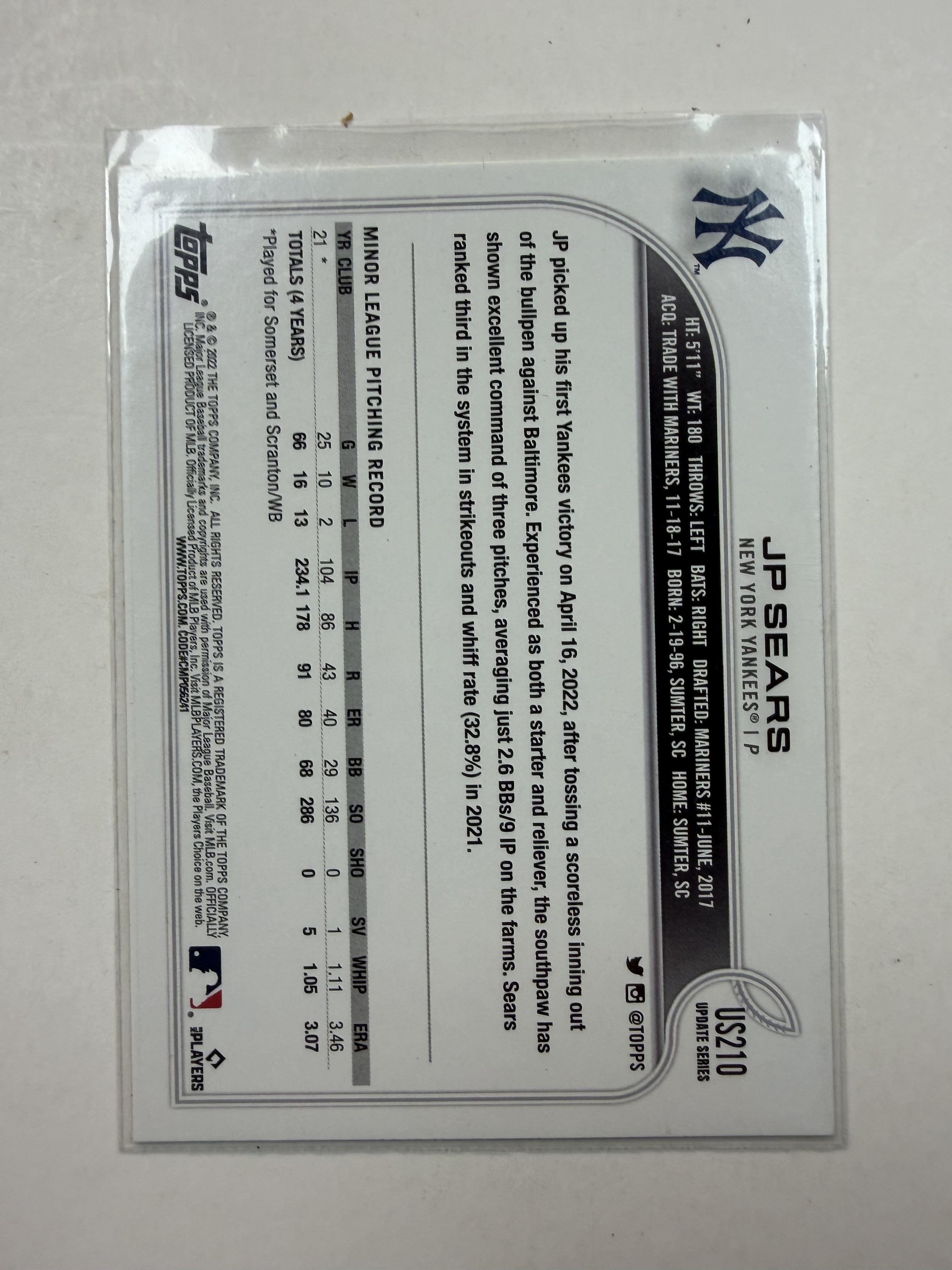 2022 Topps Chrome Update #USC110 JP Sears Rookie Card  New York Yankees