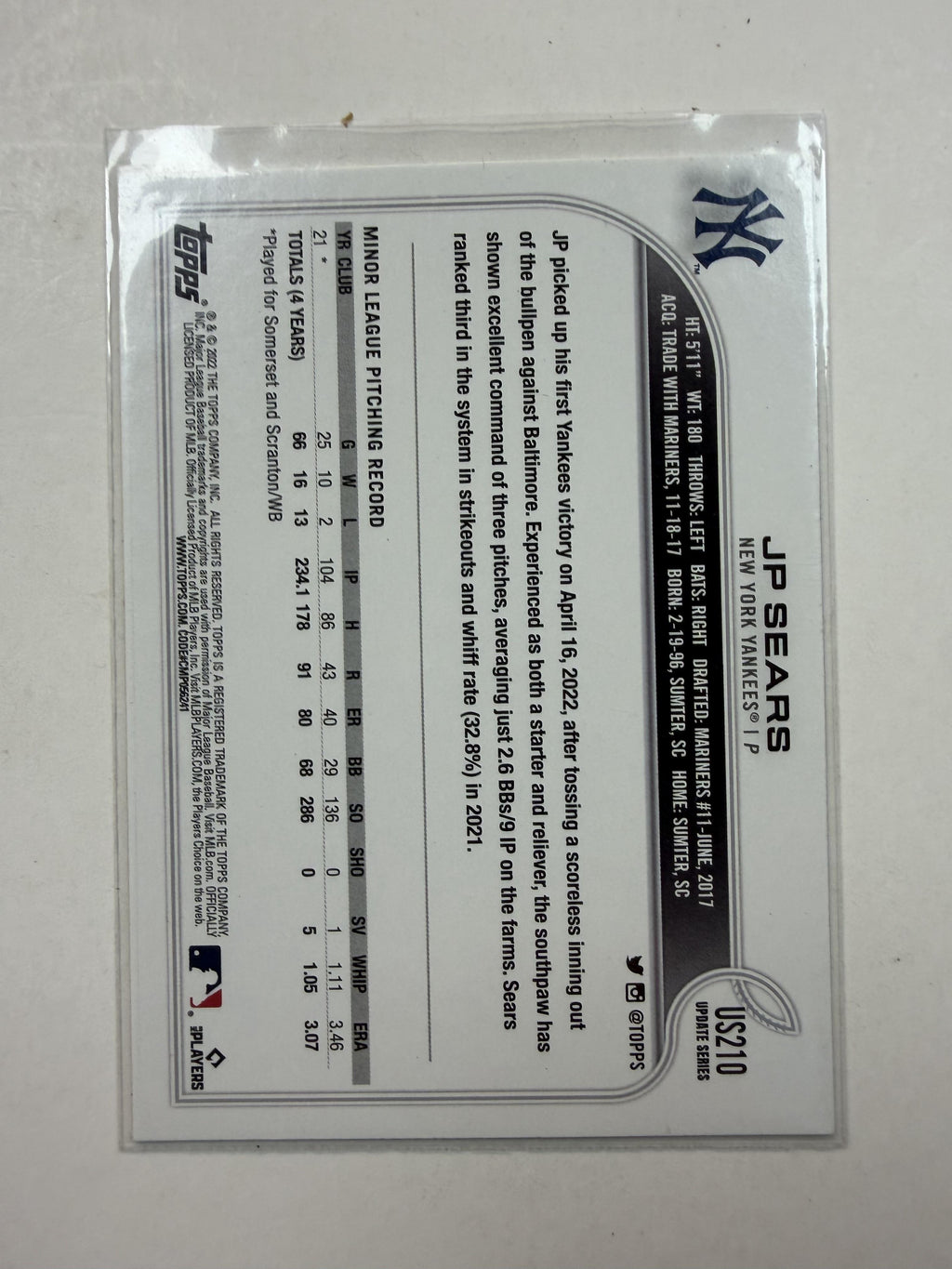2022 Topps Chrome Update #USC110 JP Sears Rookie Card  New York Yankees