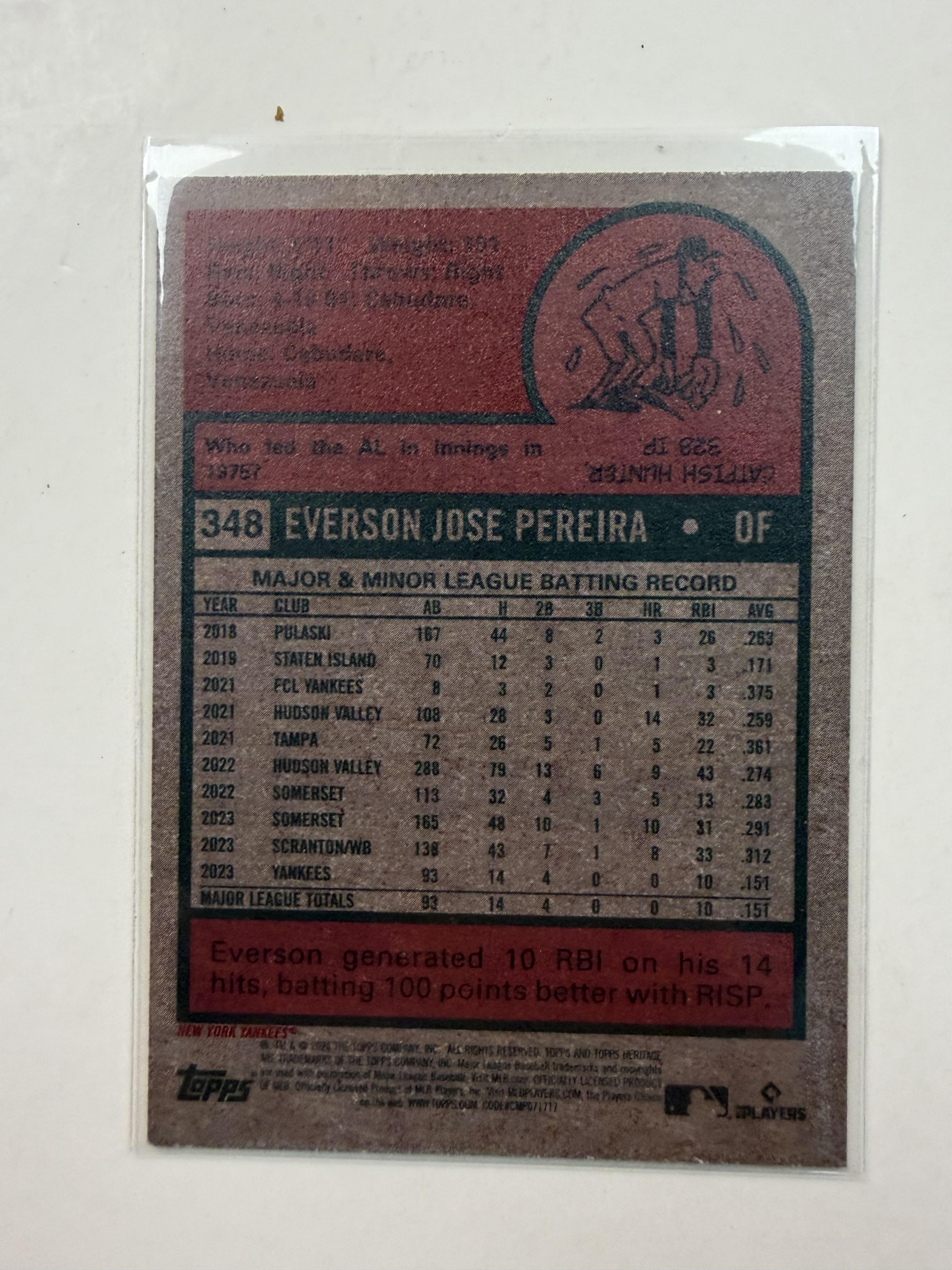 2024 Topps Heritage #348 Everson Pereira Rookie Card New York Yankees