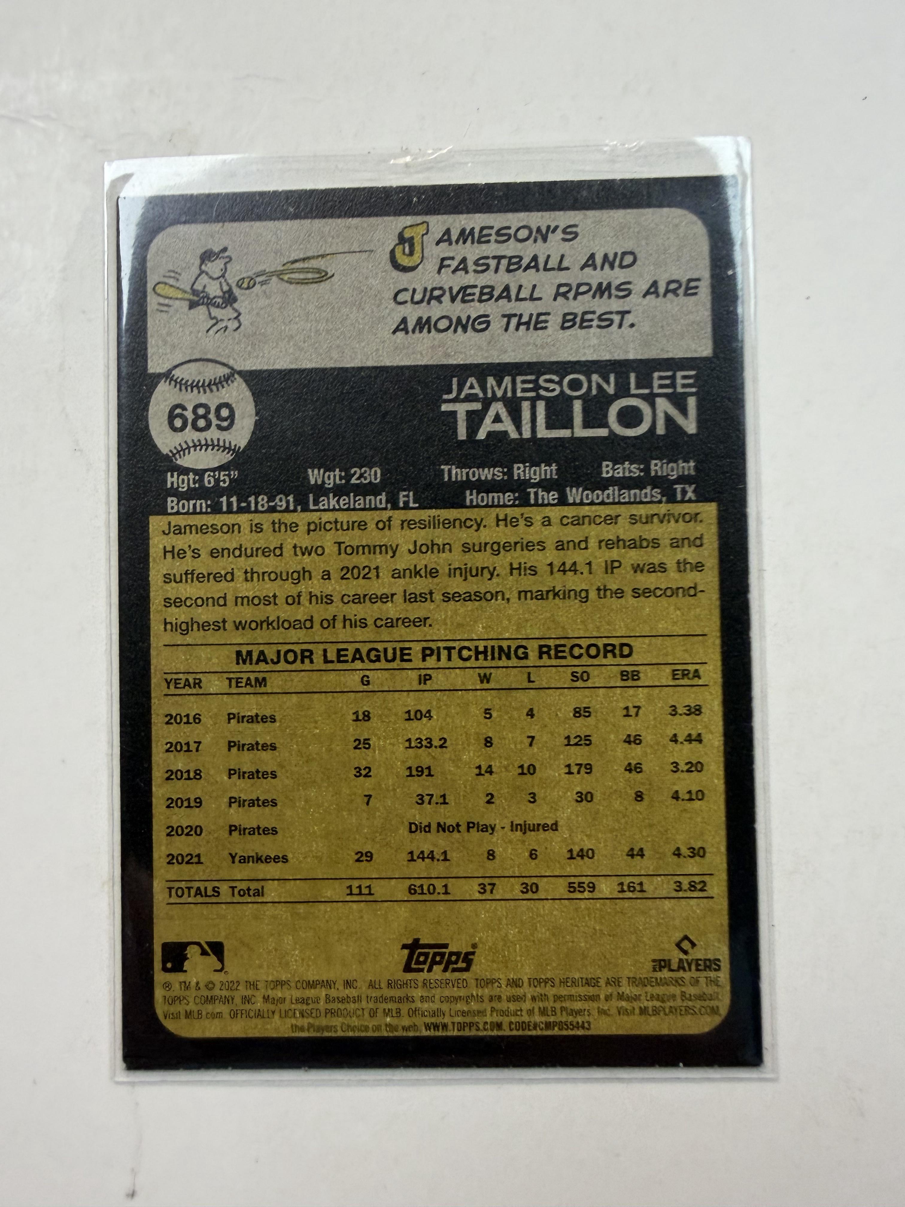 2022 Topps Heritage #689 Jameson Lee Taillon New York Yankees