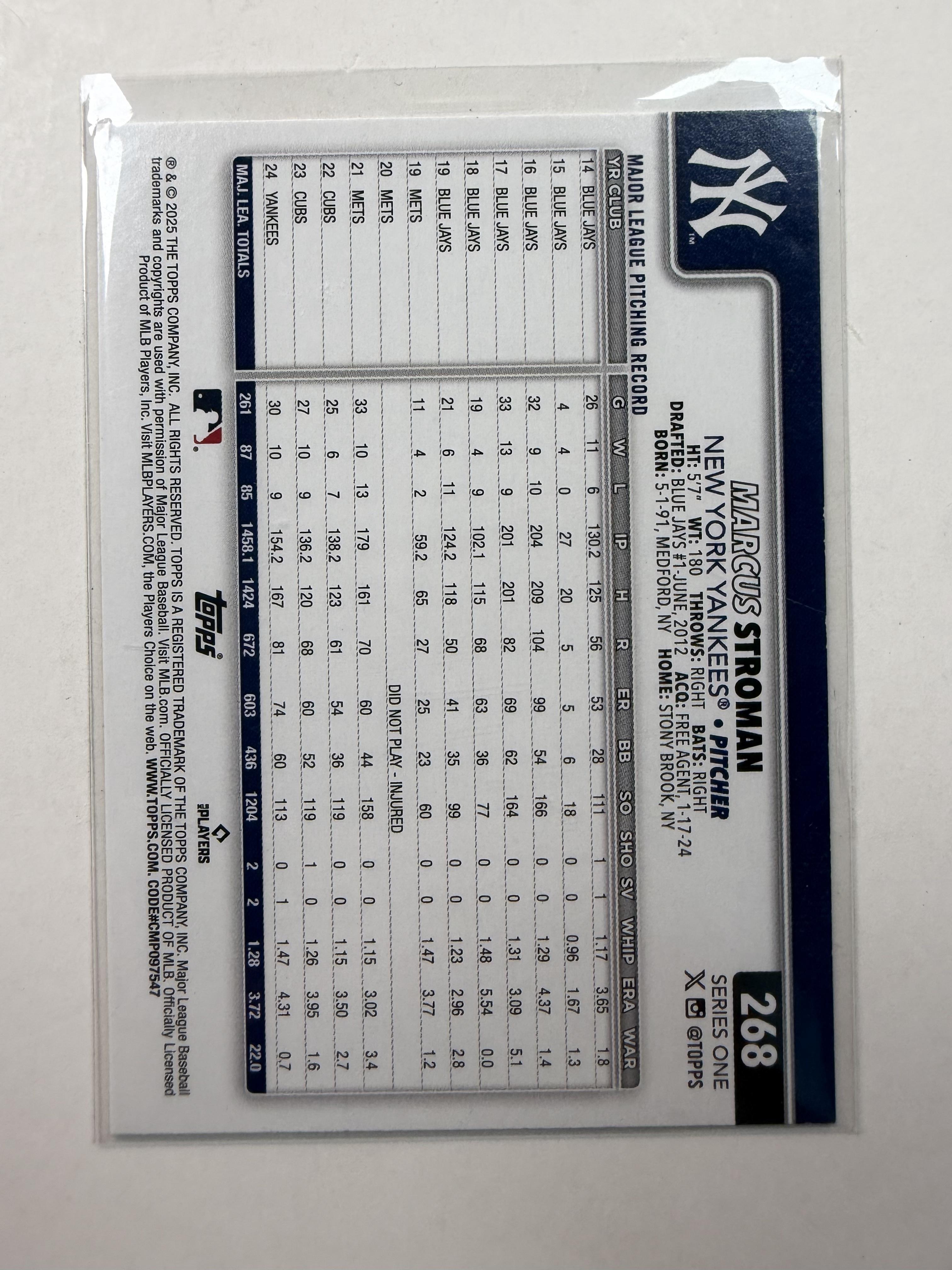 2025 Topps Series One  #268 Marcus Stroman New York Yankees