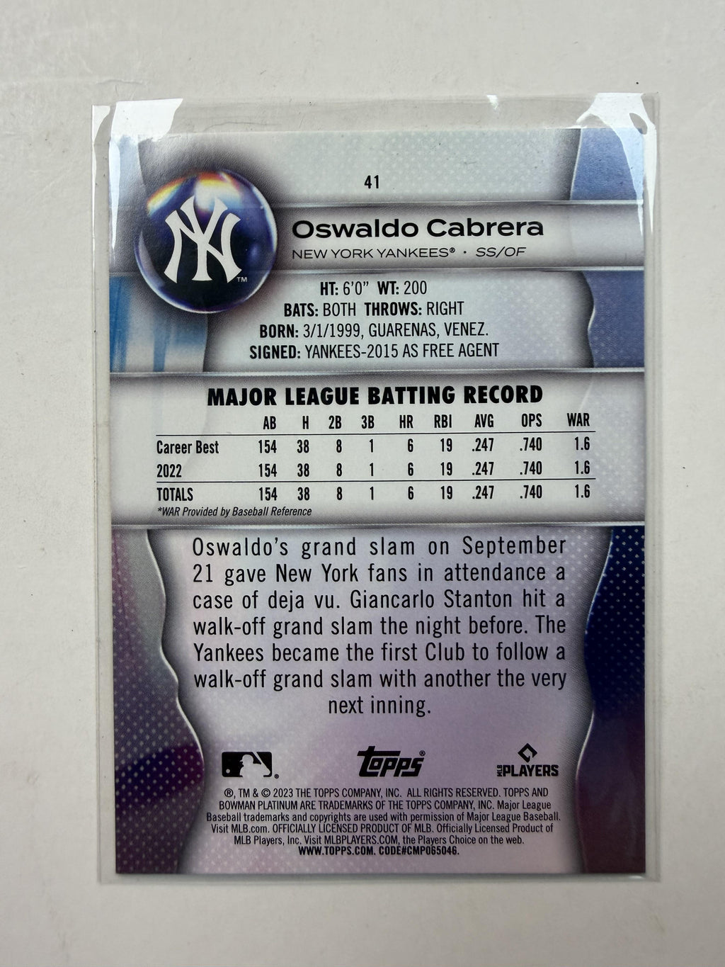 2023 Bowman Platinum #41 Oswaldo Cabrera  Rookie Card New York Yankees