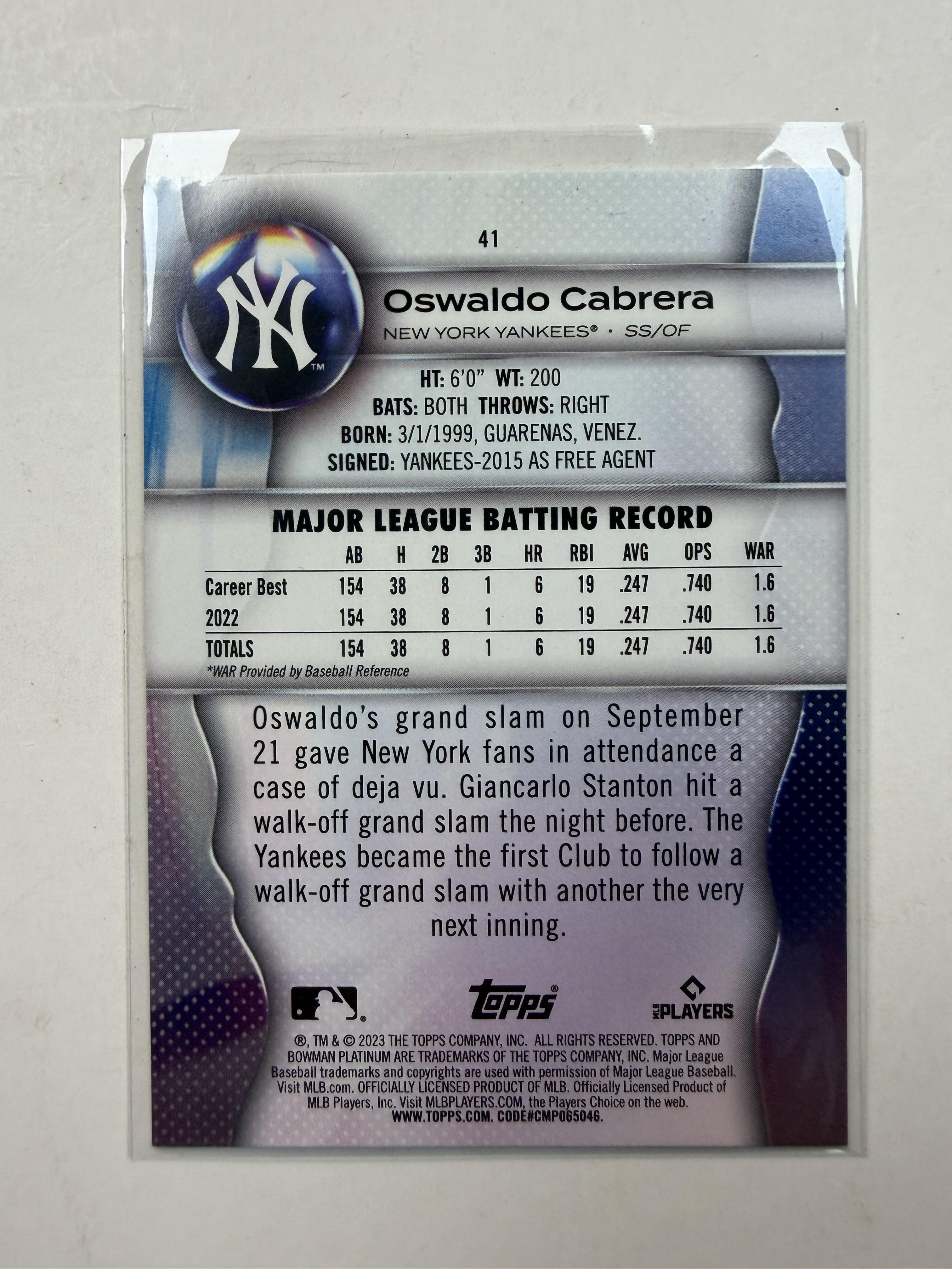 2023 Bowman Platinum #41 Oswaldo Cabrera  Rookie Card New York Yankees