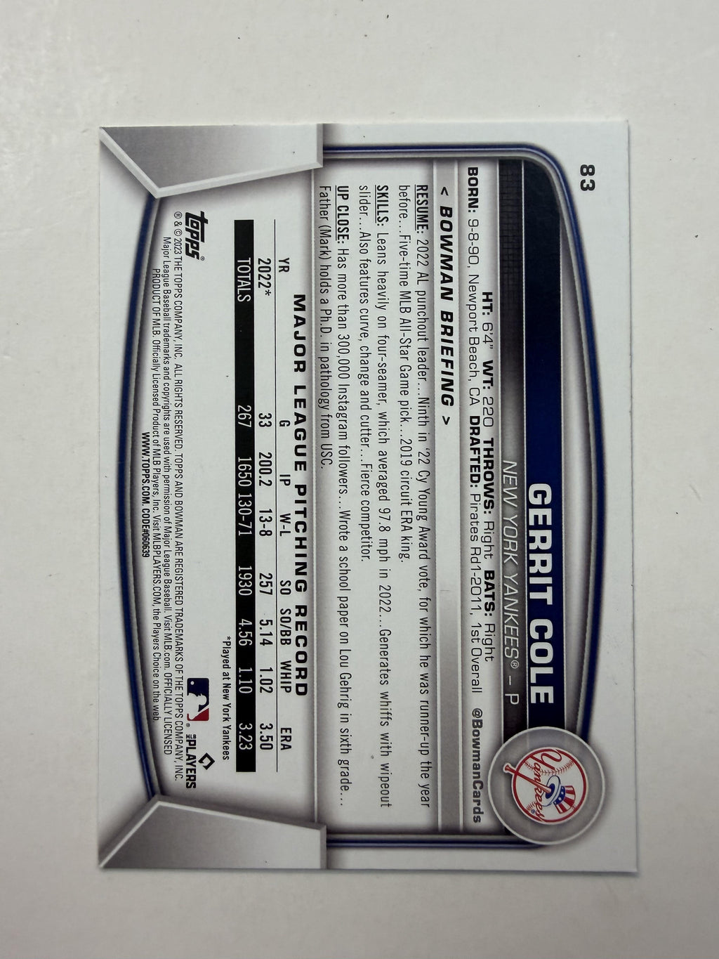 2023 Bowman #83 Gerrit Cole New York Yankees