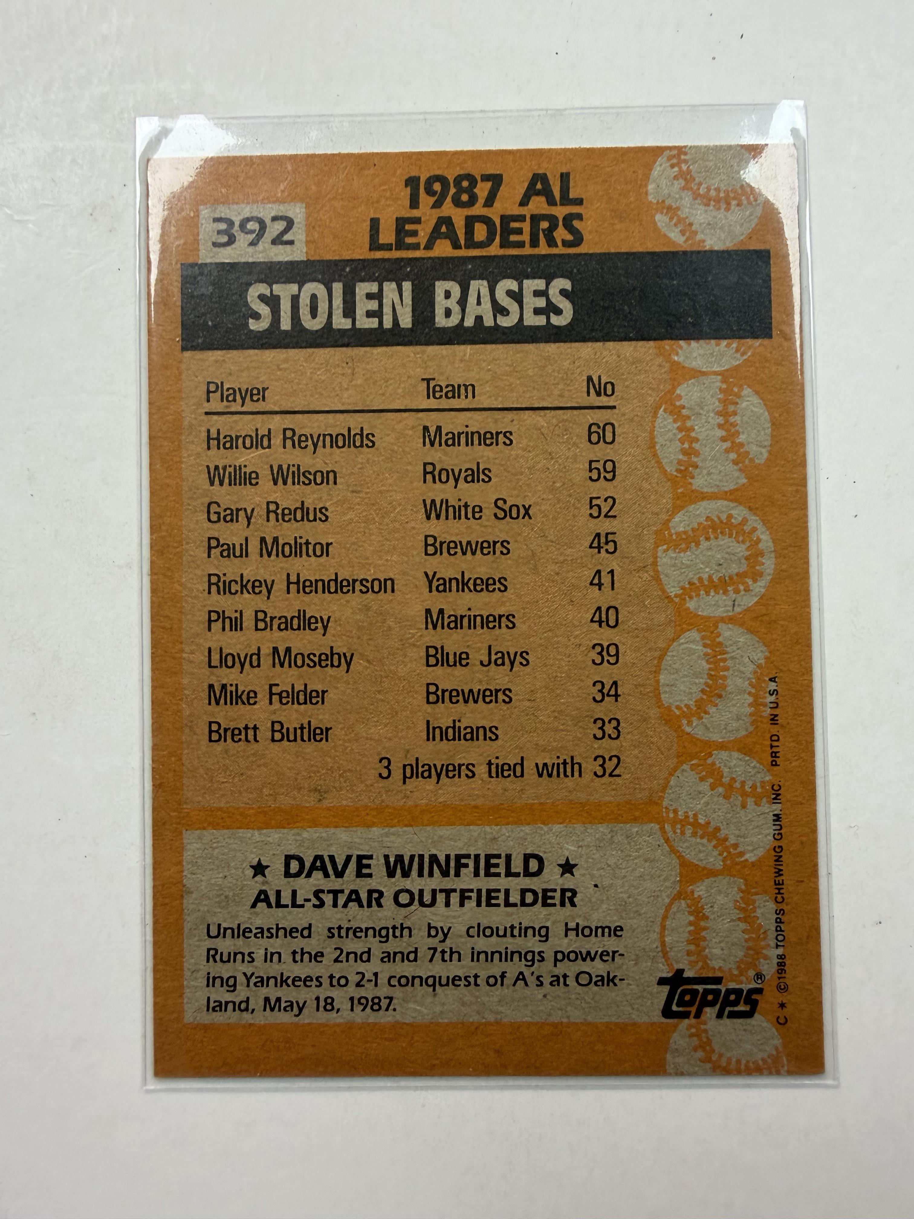 1988 Topps Al Star game #392 Dave Winfield New York Yankees